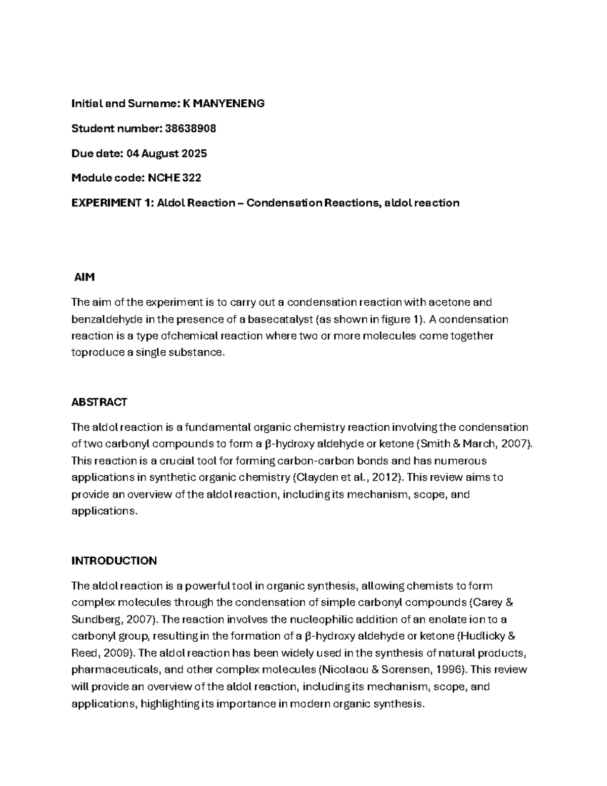 NCHE 322 Experiment 1: Aldol Reaction Condensation Analysis - Studocu