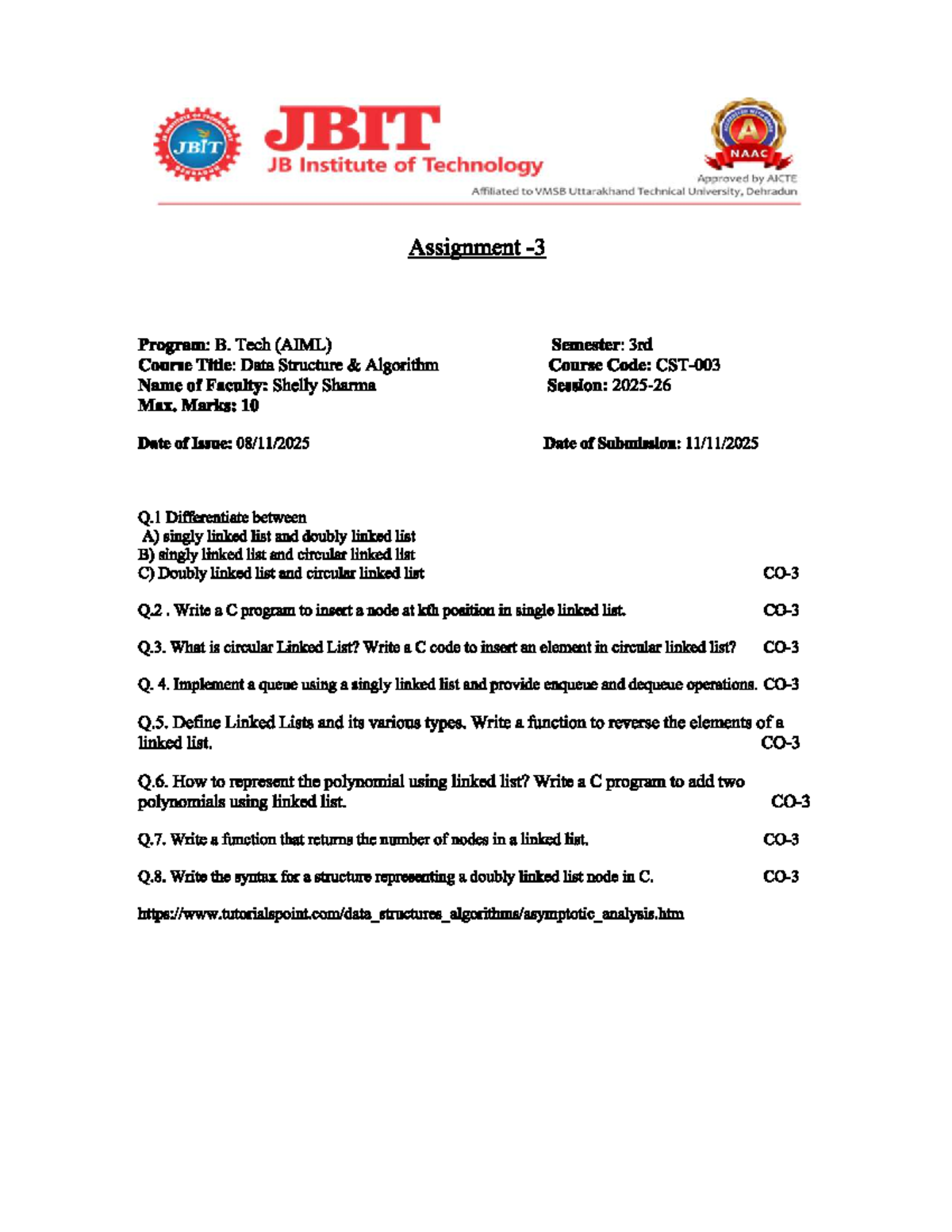 DSA Assignment: B. Tech (AIML) 3rd Sem - Linked Lists & C Programs ...