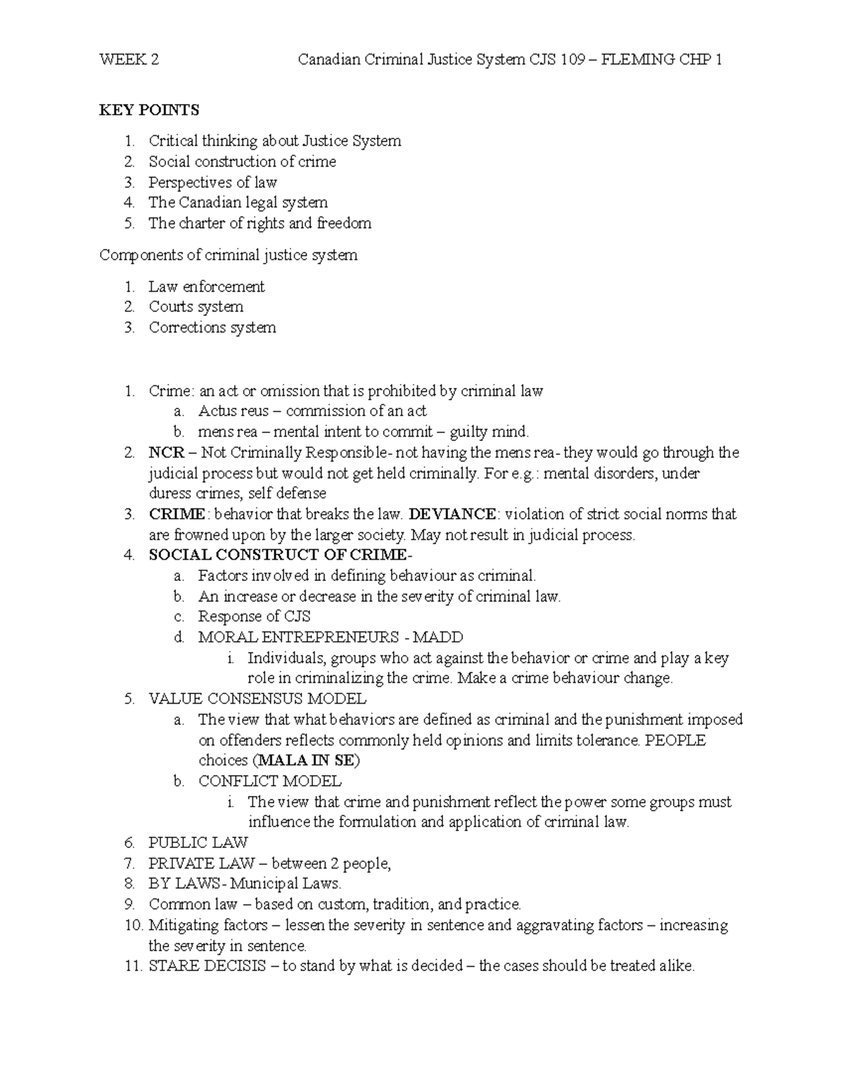 Week 2 Lecture Notes: Key Points on Canadian Criminal Justice System ...