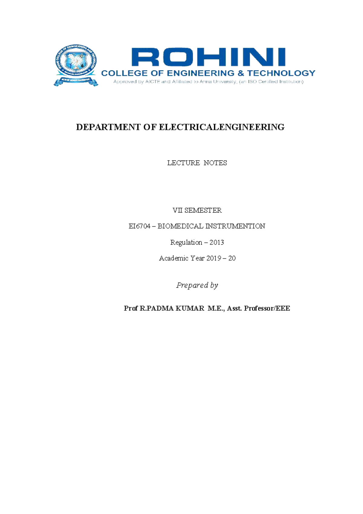 EI6704 Biomedical Instrumentation Lecture Notes for VII Semester - Studocu