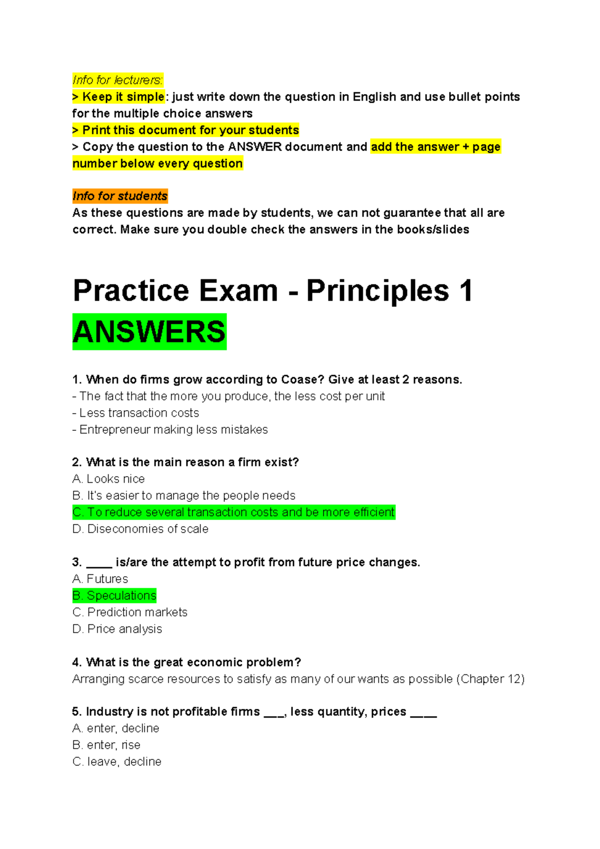 2018 Principles 1 Practice Exam WITH Answers and Explanations - Studeersnel