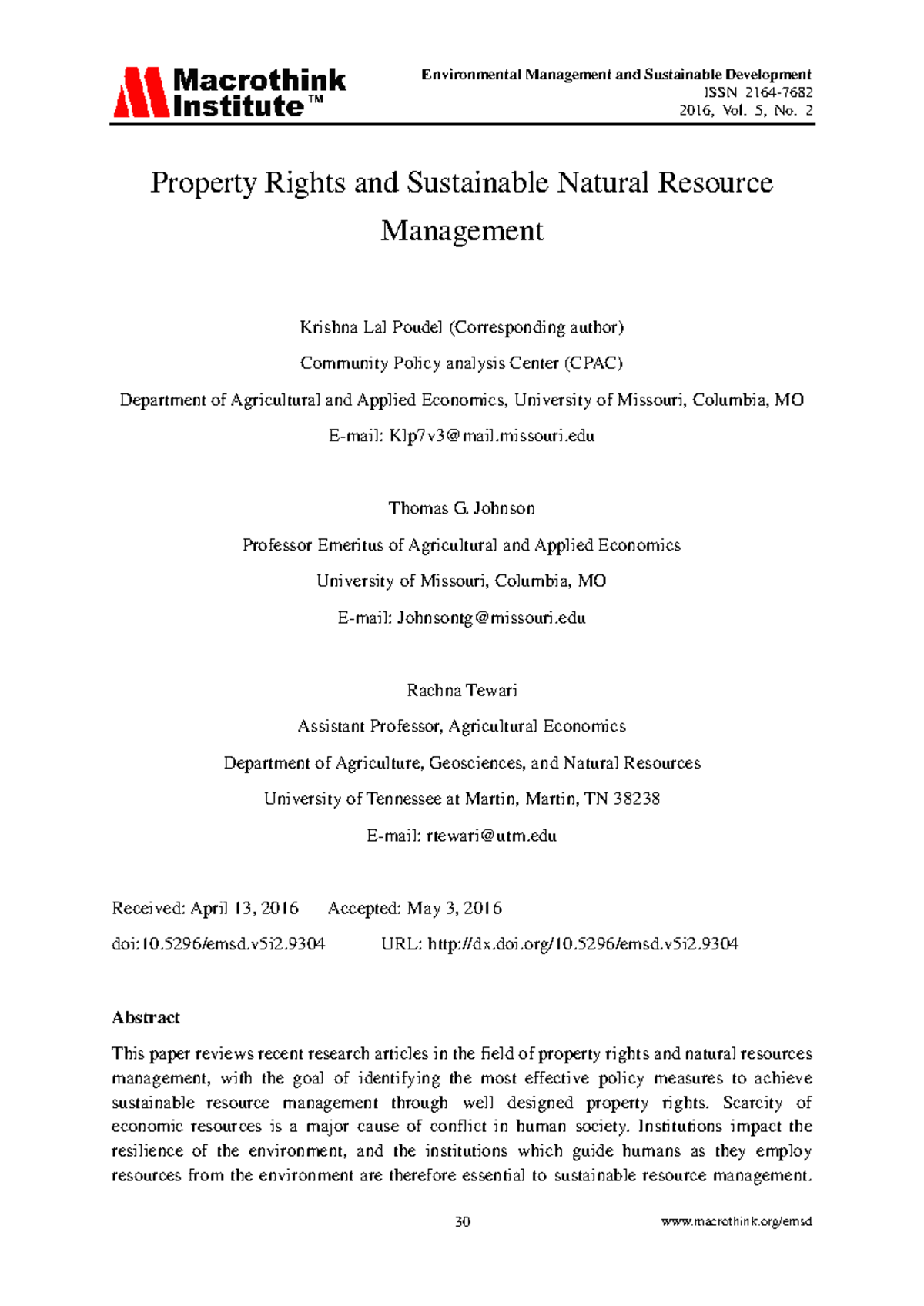 Property Rights and Sustainable Natural Resource M - ISSN 2164- 2016 ...