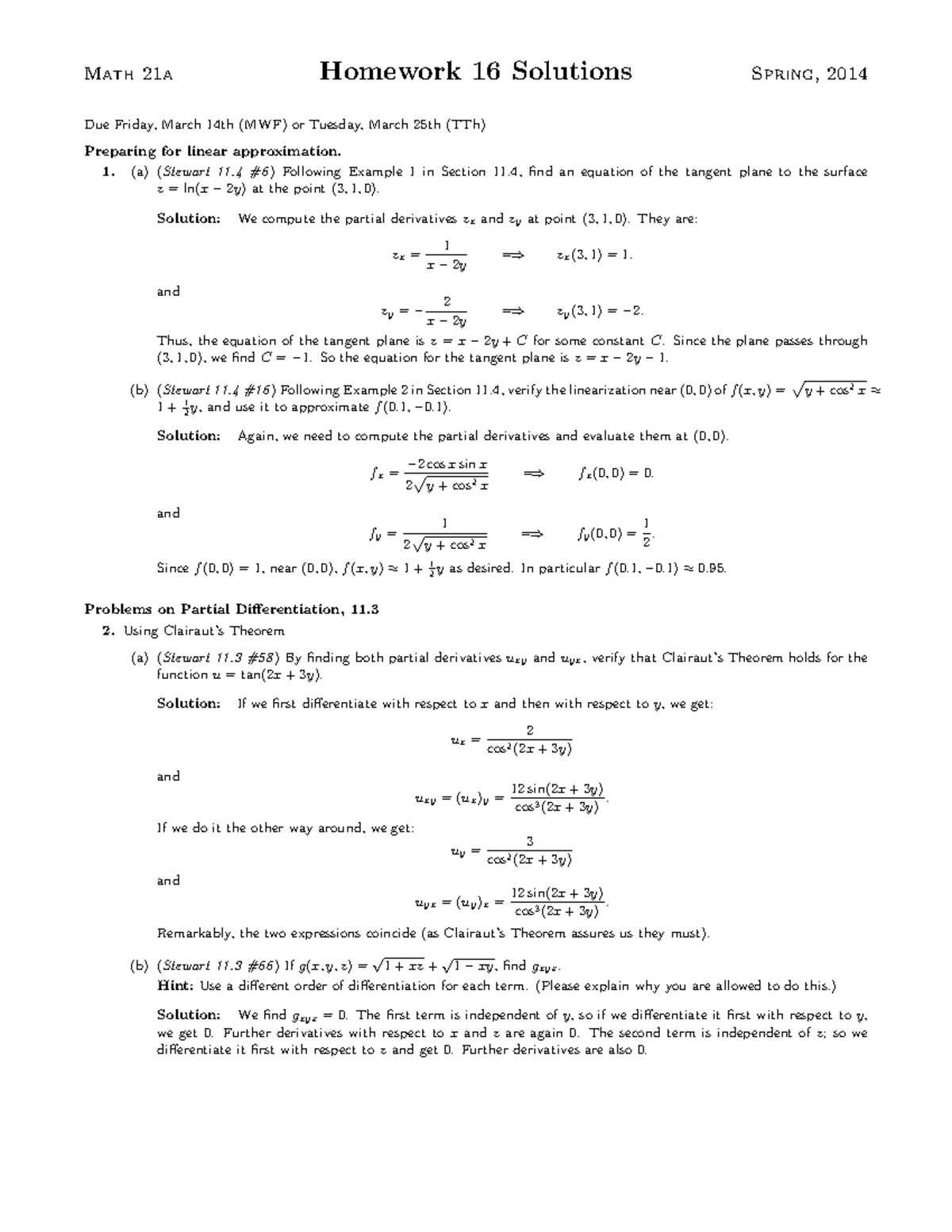 Derivative multivariables of calculus 2 - Math 21a Homework 16 ...