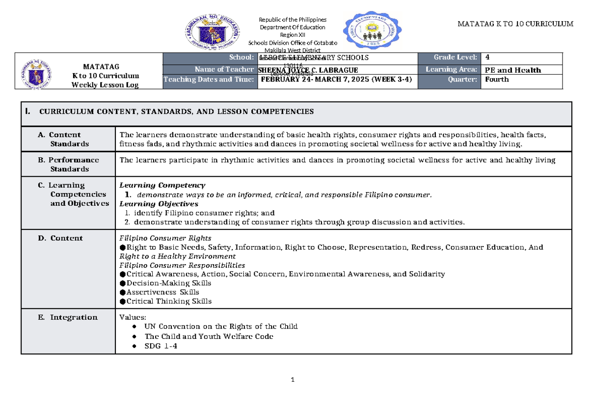 DLL Matatag PE & Health 4 Q4 WEEK 3-4 Lesson Logs on Consumer Rights ...