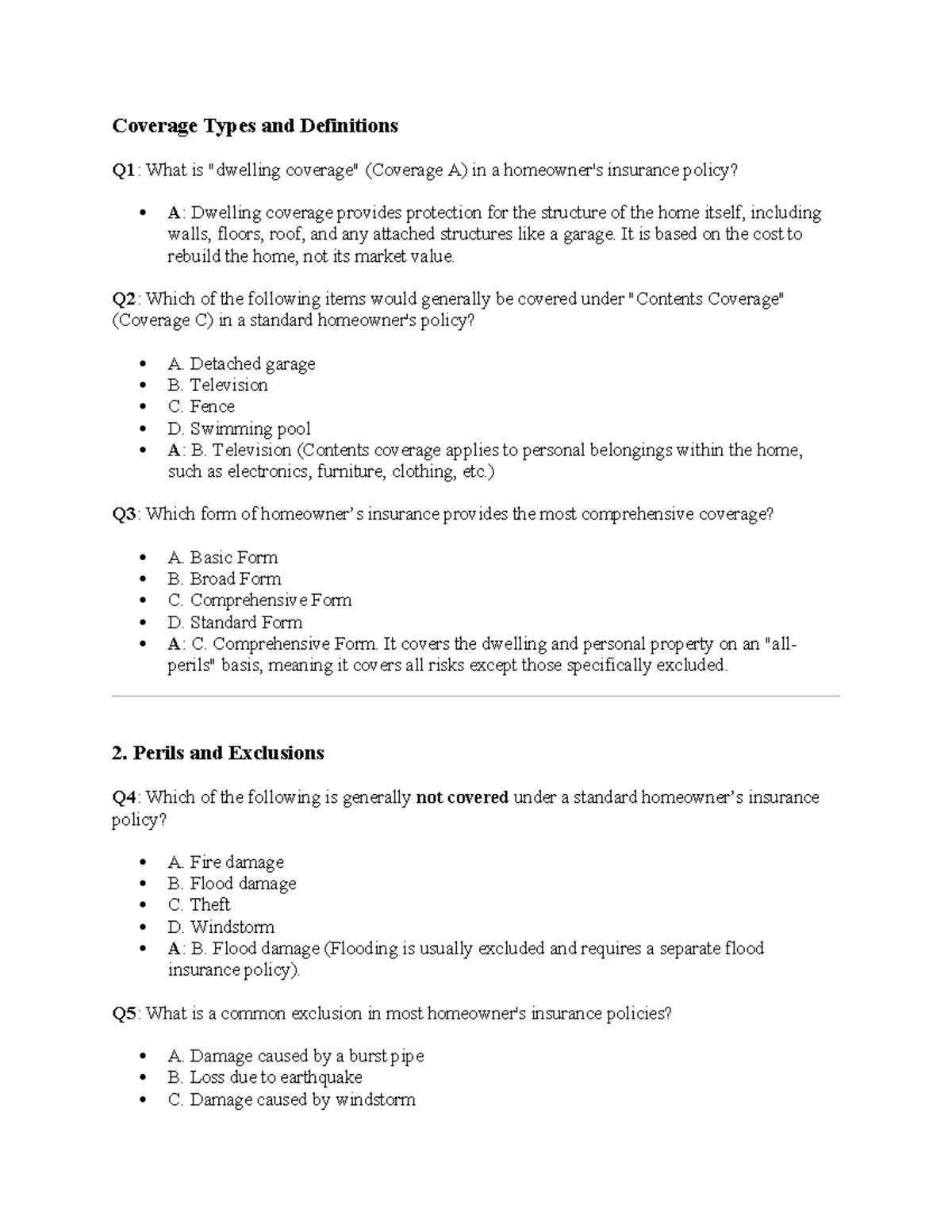 Chapter 7 - Homeowner's Insurance Coverage Types and Definitions - Studocu