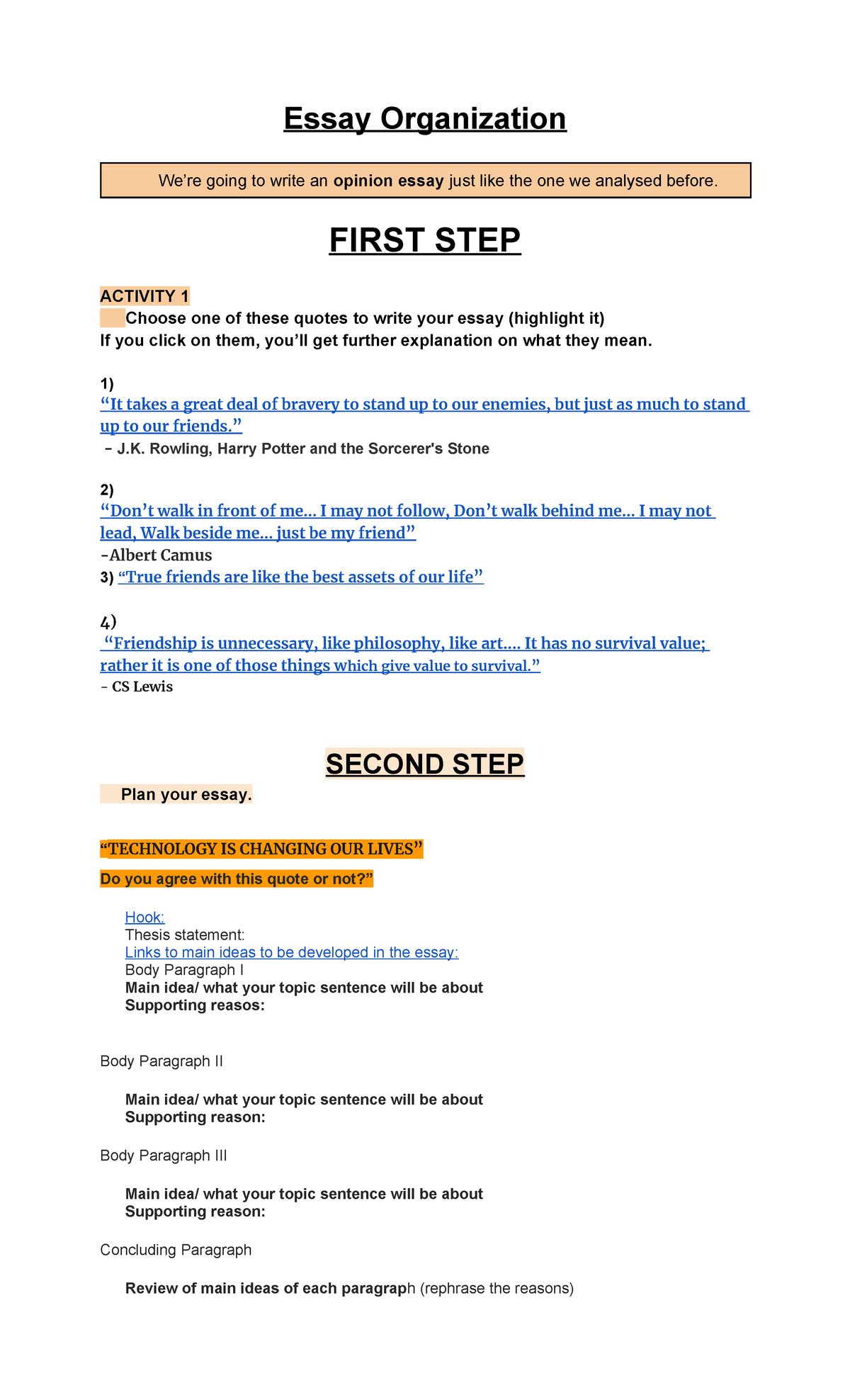 Essay Organizer - Friendship and Opinion Structure - Studocu