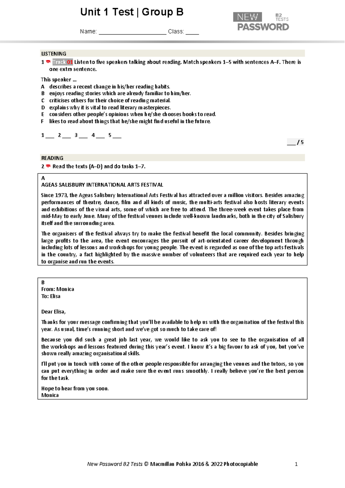 Unit 1 Test B2 UT 1B - Listening, Reading, English Use & Writing - Studocu