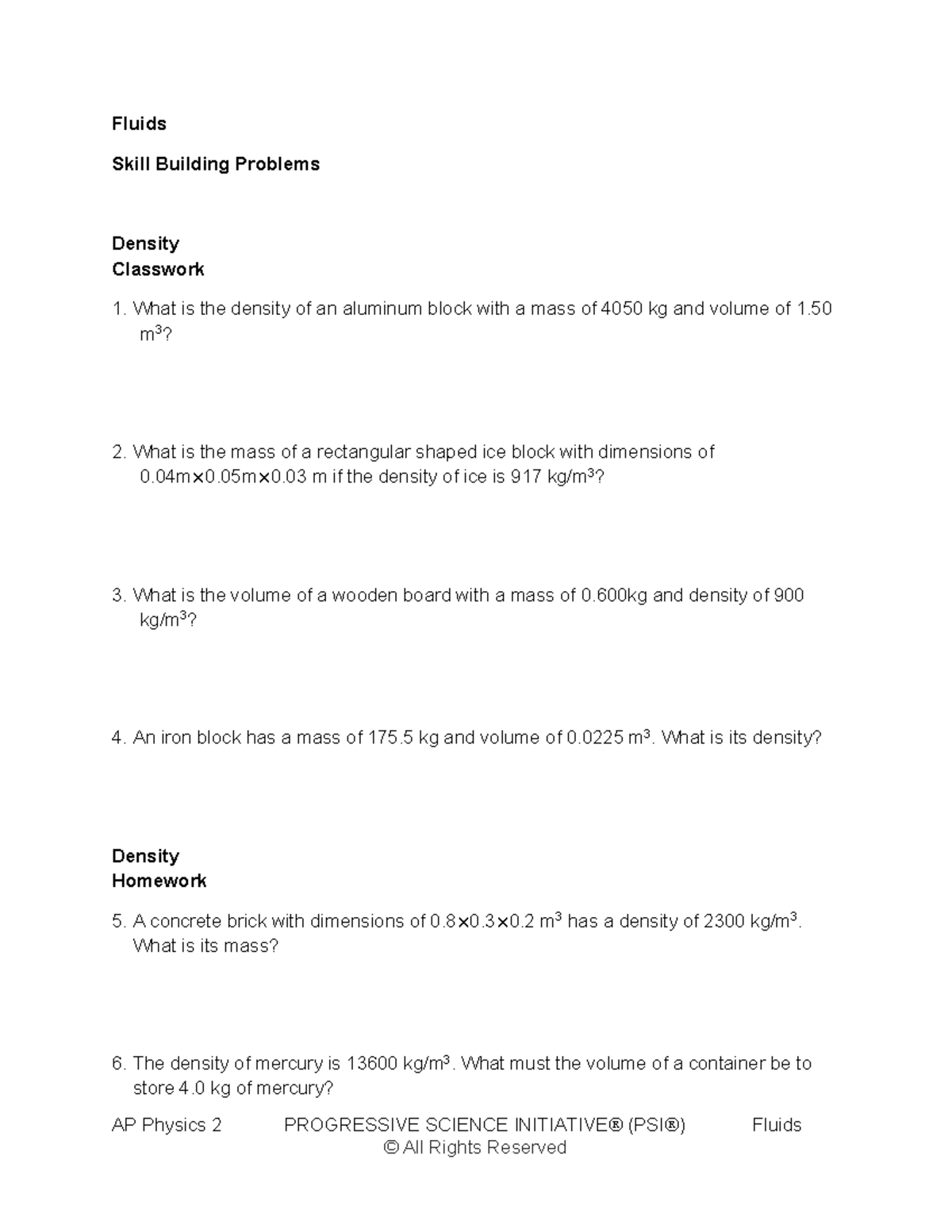 AP Physics 2 Fluids Classwork & Homework Problems - Studocu