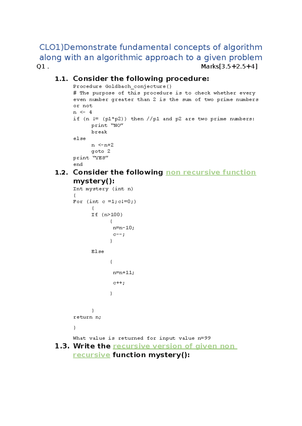 CLO1-CLO3) DAA Paper: Algorithms, Design, and Correctness Techniques ...