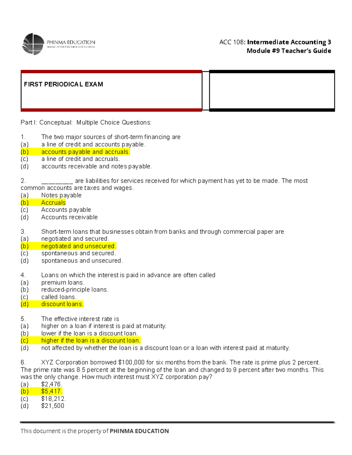 ACC-108 P1 - Final Exam Multiple Choice Questions with Answers - Studocu