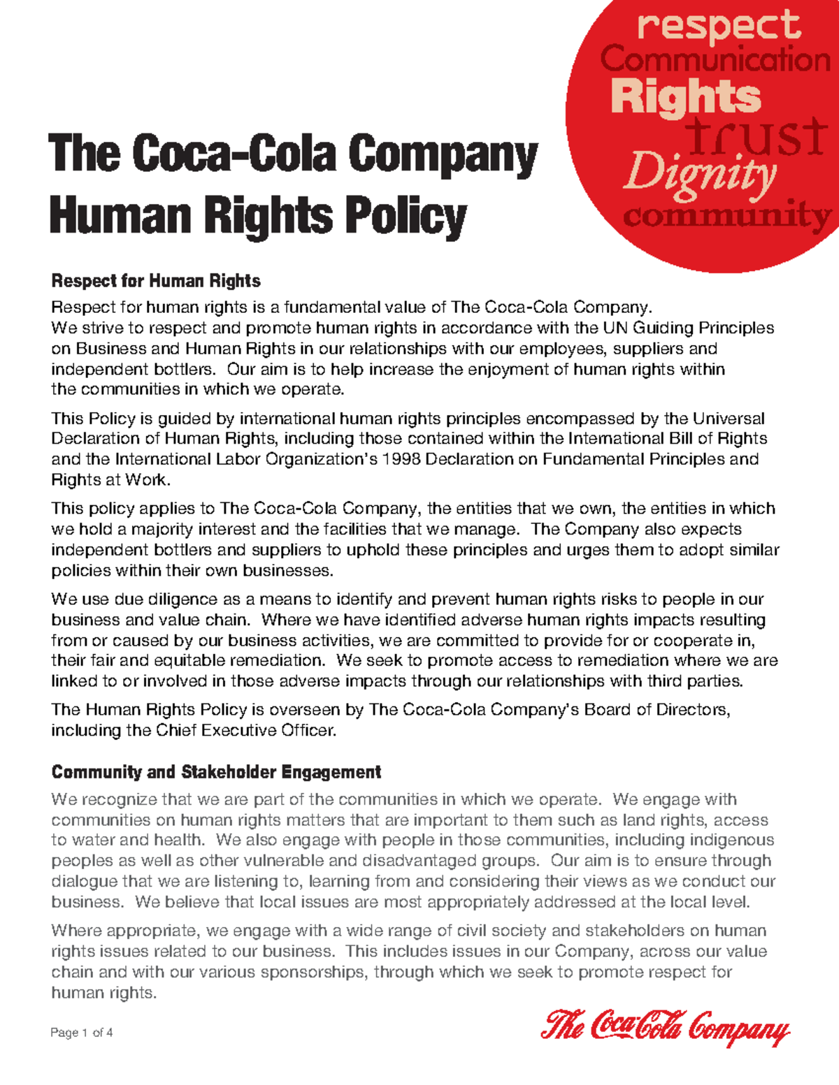 Coca-Cola Company Human Rights Policy Overview - PDF Document - Studocu