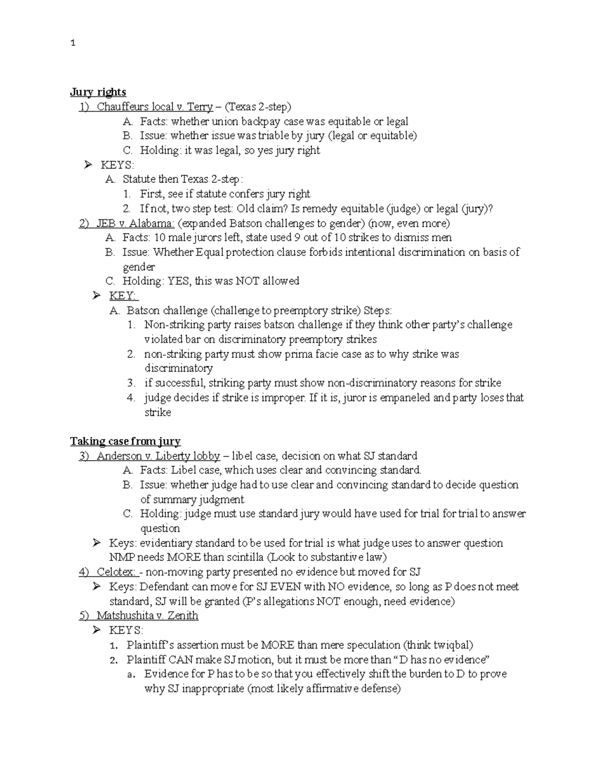 Civ Pro Spring Case Chart: Jury Rights & Summary Judgment Standards ...