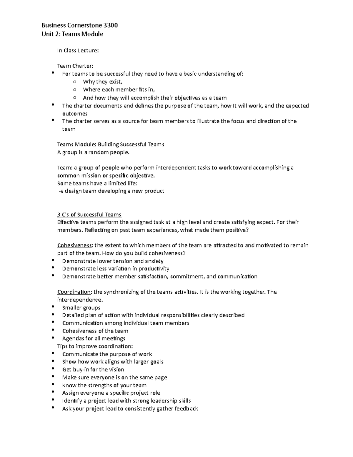 Unit 2: Teams Module Lecture Notes - Prof. Tamara Ford - Studocu