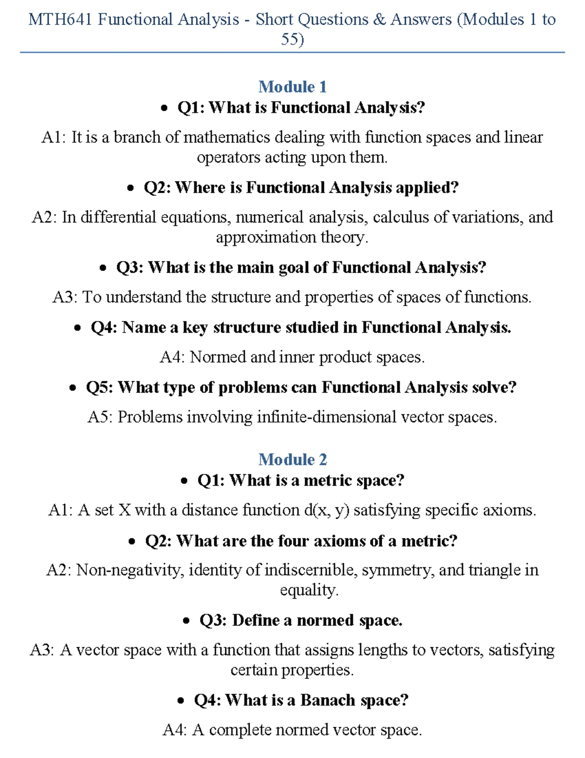 MTH641 Functional Analysis Short Questions & Answers (Modules 31-40 ...