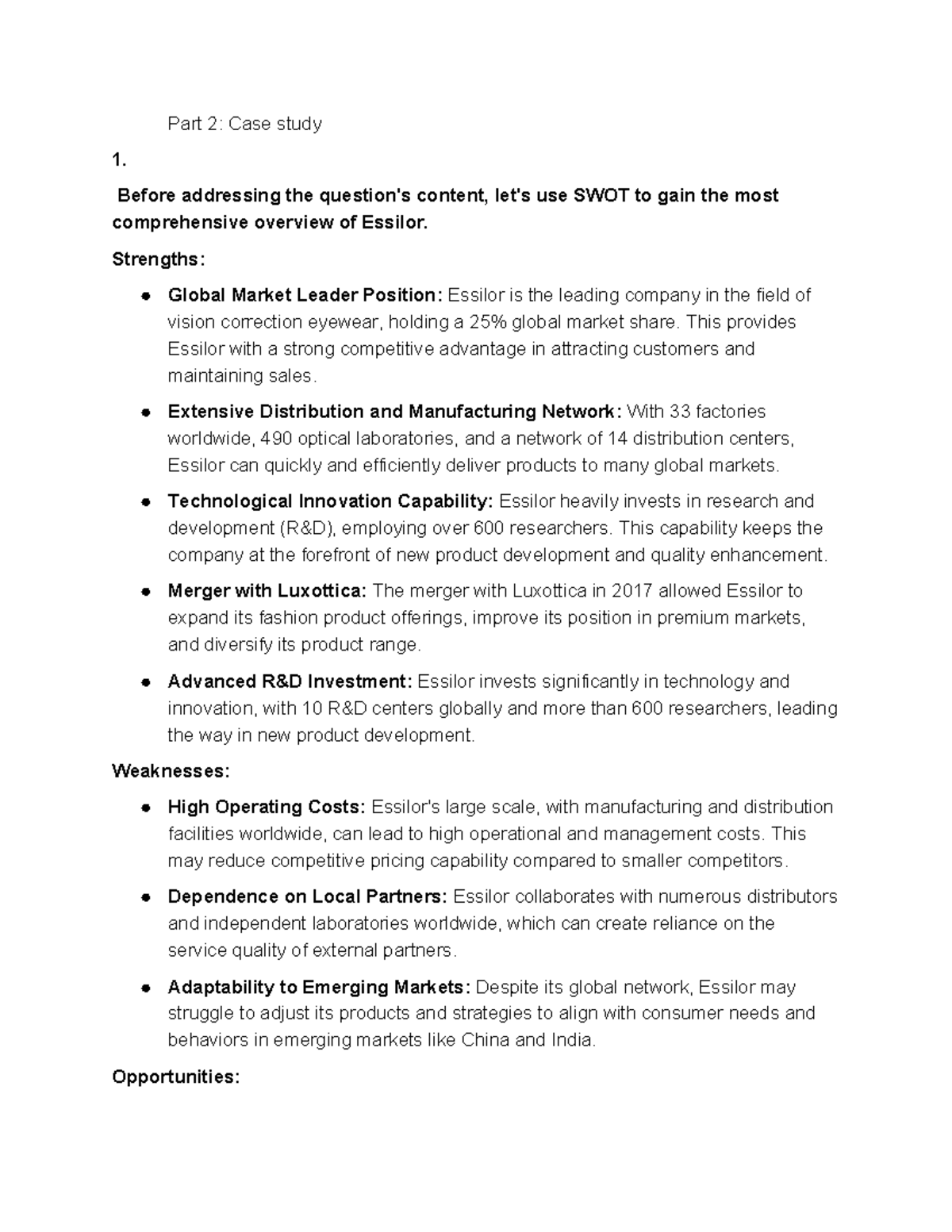 Essilor SWOT Analysis: Case Study Insights and Recommendations - Studocu