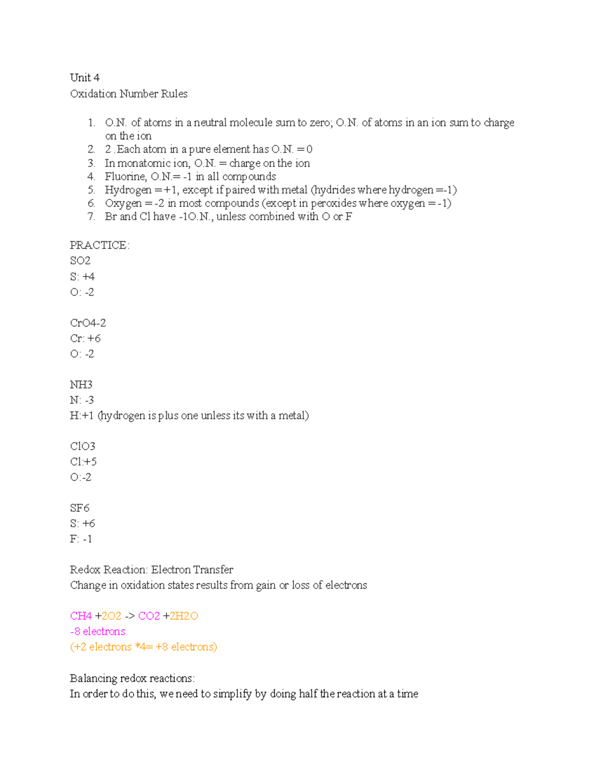 Chemistry Notes - Oxidation Number Rules and Redox Reactions - Studocu