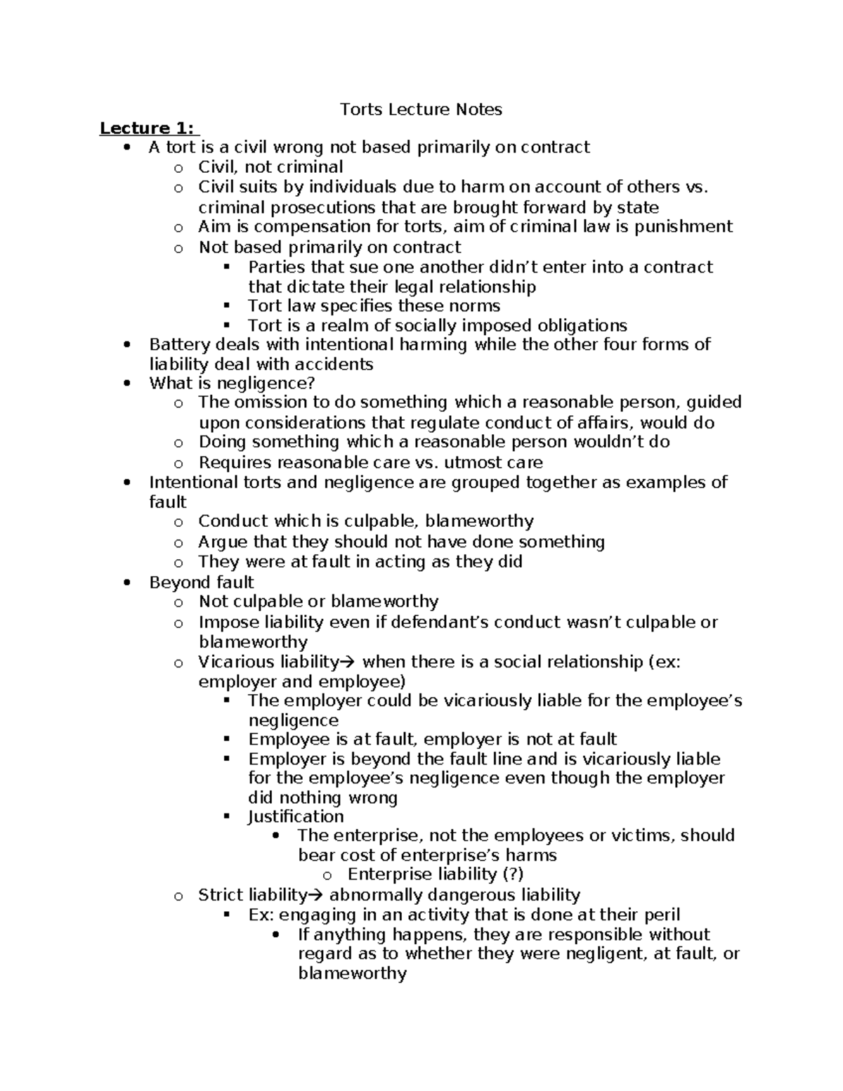 Torts Lecture Notes: Key Concepts and Case Analysis - Studocu