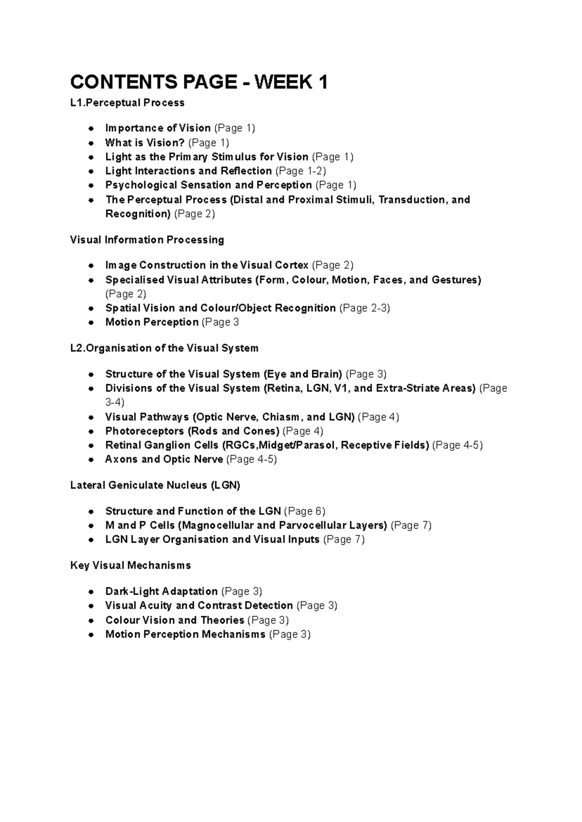 Contents Overview for VISN2211: Vision and Perception Studies - Studocu