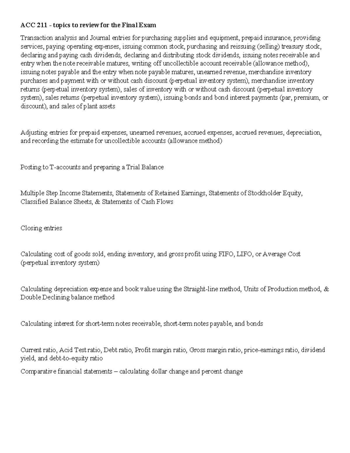 ACC 211 - Final Exam Comprehensive Review Guide for Key Topics - Studocu