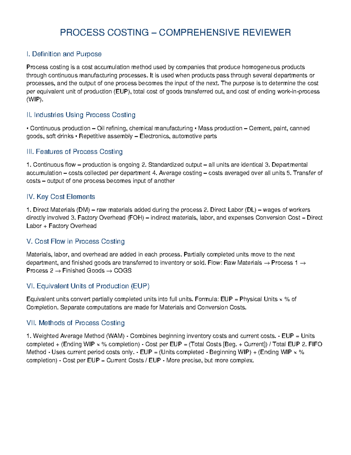Process Costing Comprehensive Reviewer: Key Concepts & Methods - Studocu