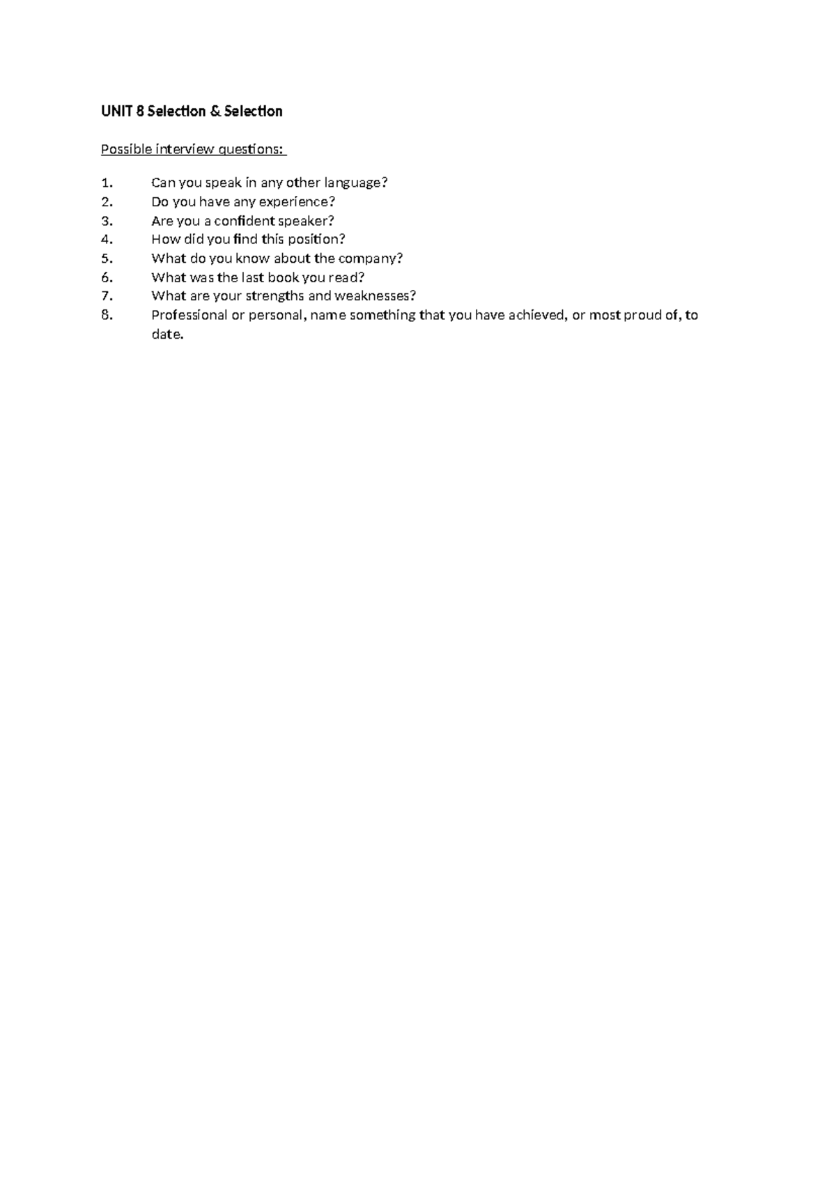 UNIT 8 Interview skills - UNIT 8 Selection & Selection Possible ...