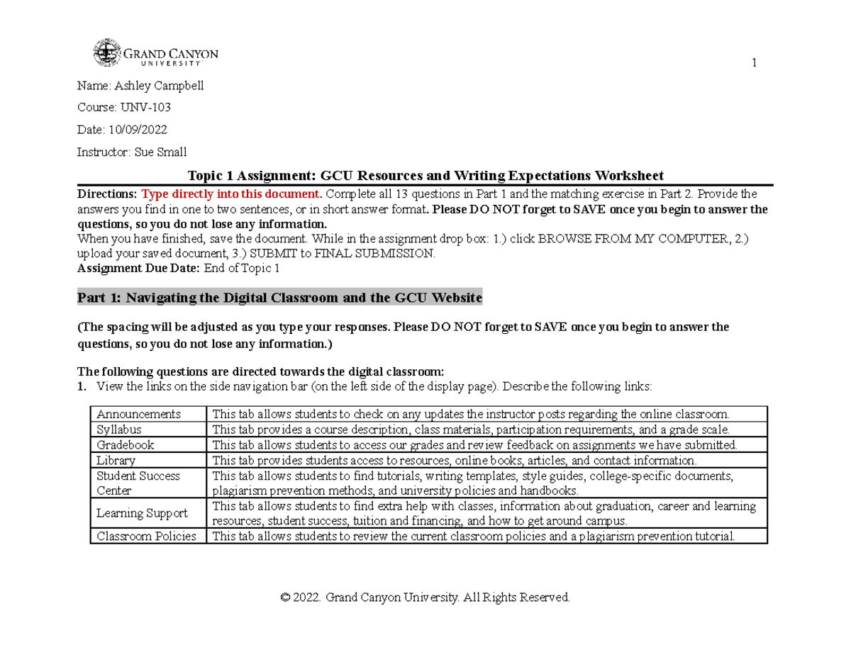 Unv 103 Week 1 Gcu Resources Writing Expectations Overview Studocu