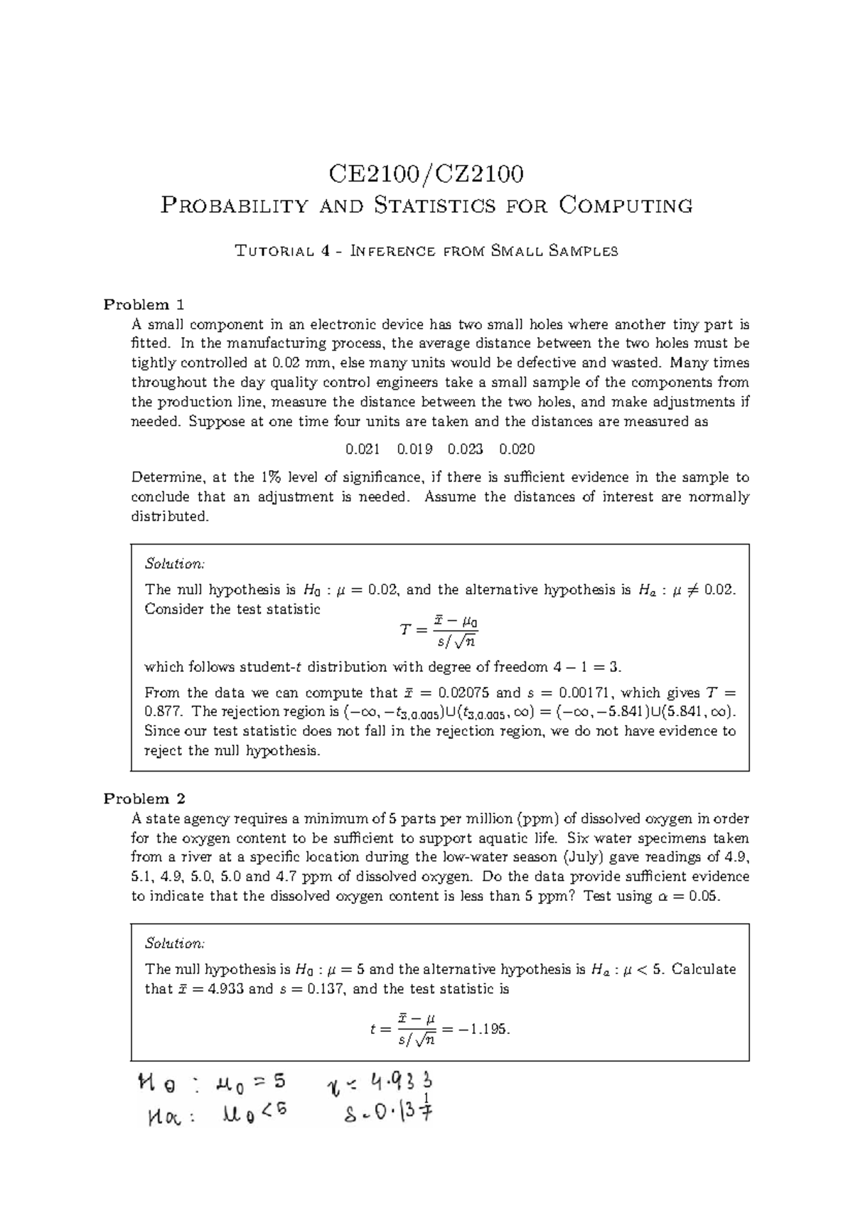 Probability and Statistics for Computing: Tutorial 4 Solutions - Studocu