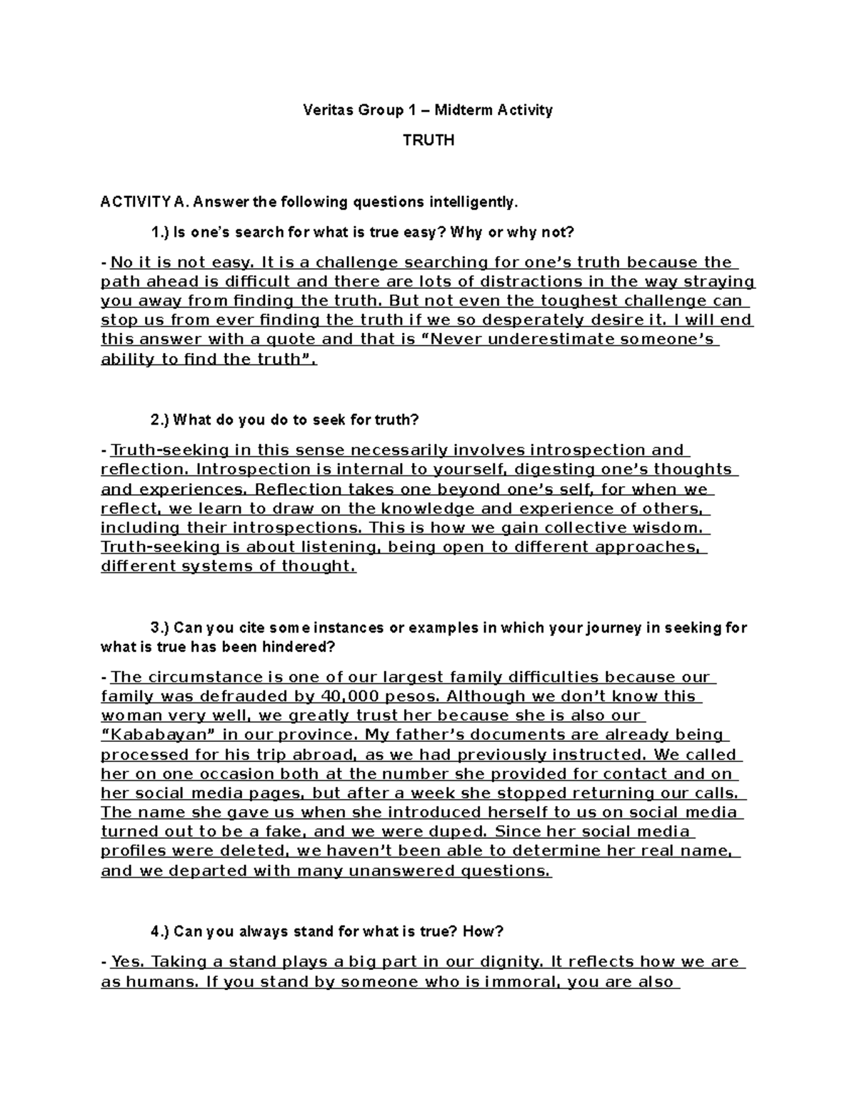 Veritas Group 1 - Midterm Activity on Truth: Insights & Reflections ...
