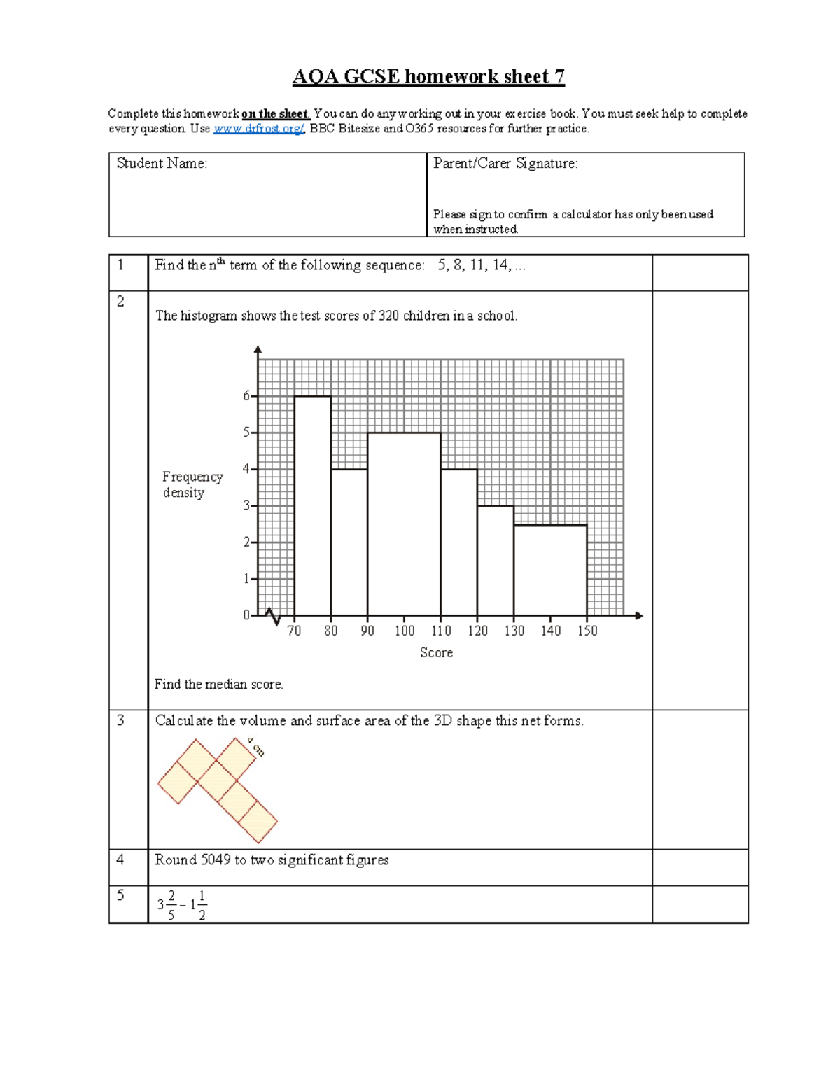 GCSE Homework Sheet 7: Revision Worksheet for AQA - Studocu