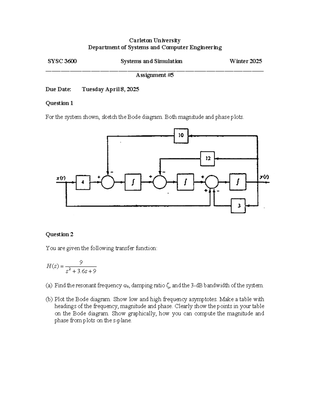 SYSC 3600 assignment 5: Bode diagrams and system analysis - Studocu