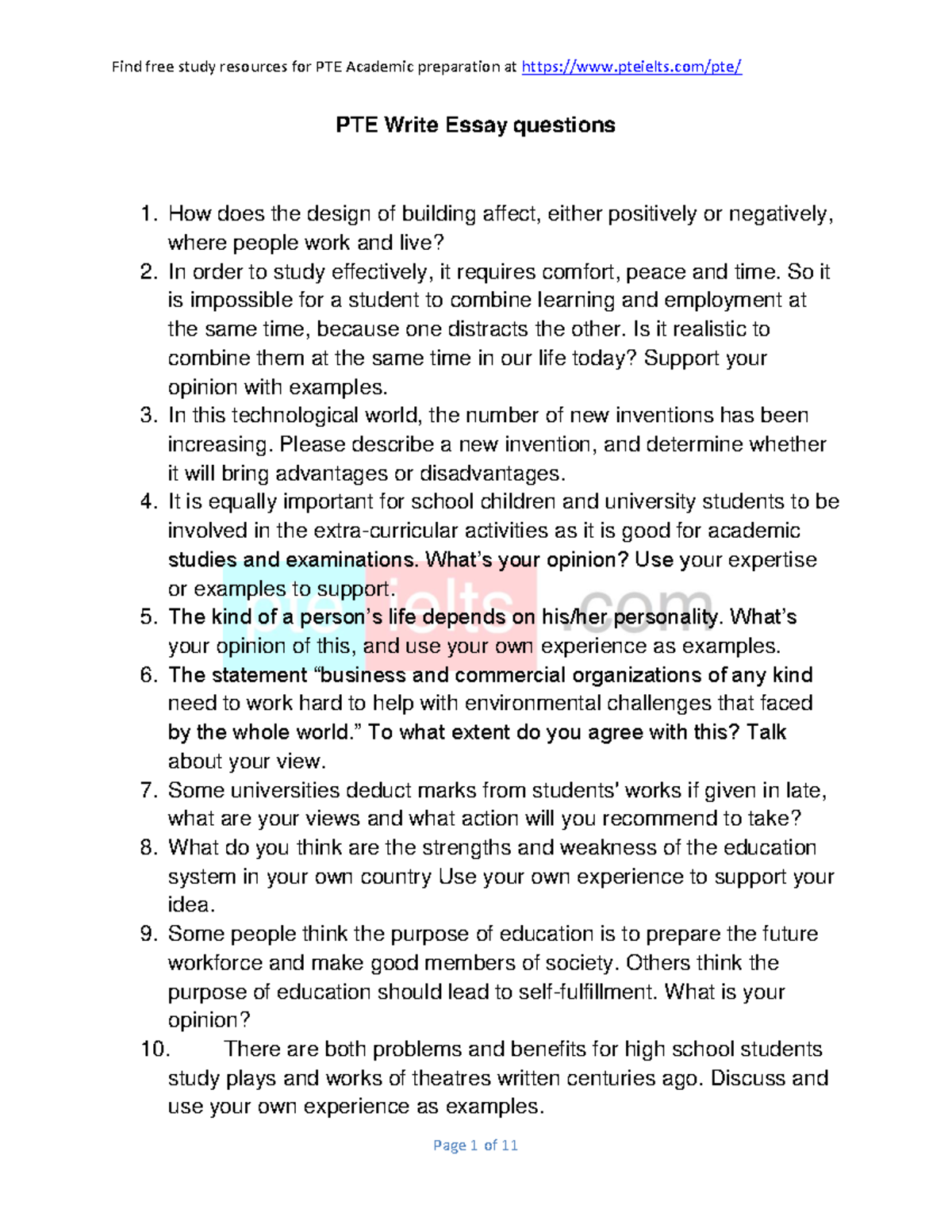 PTE Essay Questions Analysis and Sample Responses - Studocu