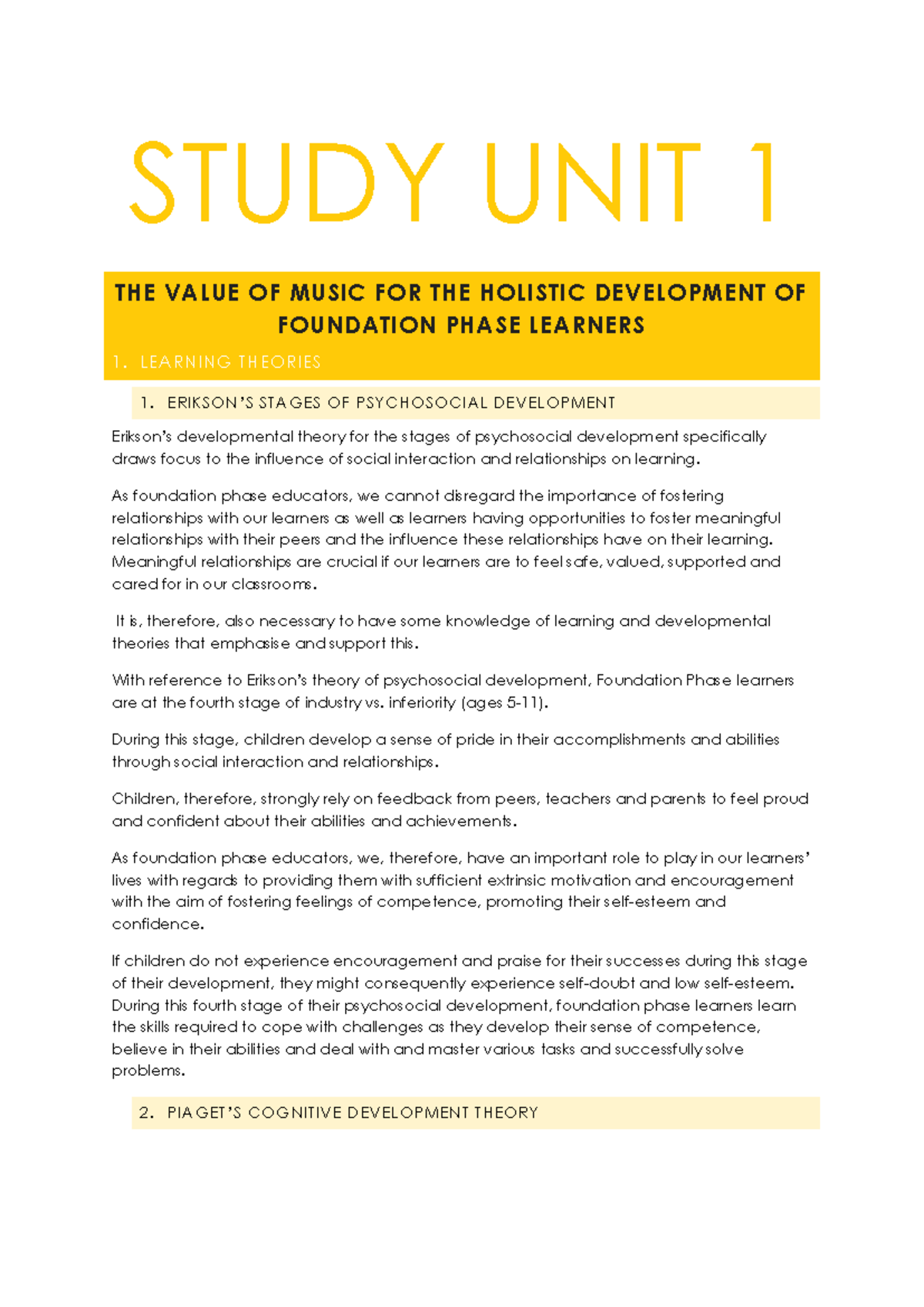 STUDY UNIT 1: THE ROLE OF MUSIC IN FOUNDATION PHASE DEVELOPMENT - Studocu