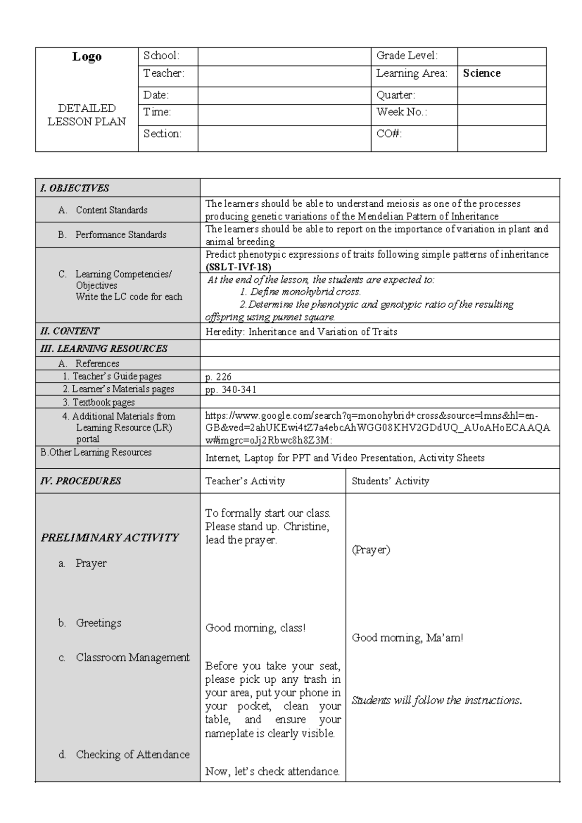 DLP Format 1: Detailed Lesson Plan on Meiosis for Grade 8 Science - Studocu