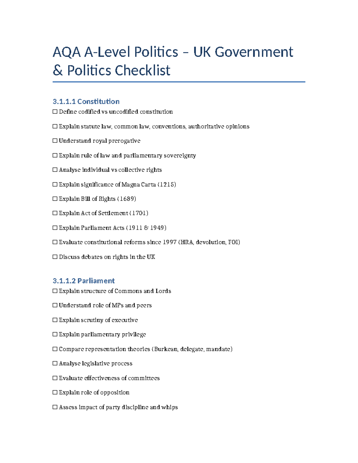 AQA Politics UK Government Checklist: Key Concepts & Analysis - Studocu