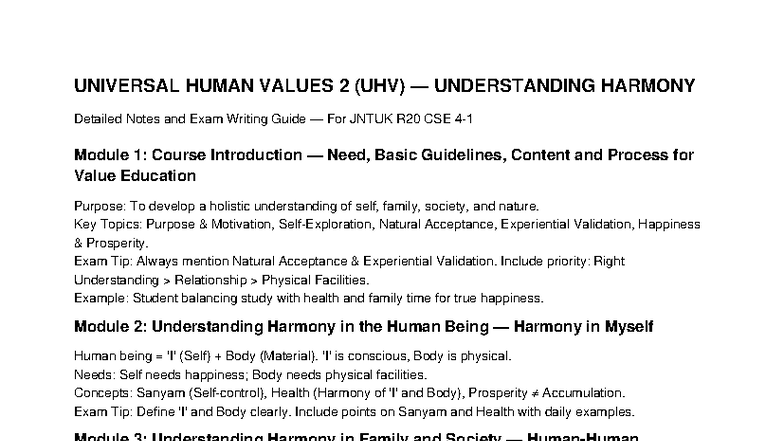 UHV 2: Understanding Harmony - Detailed Notes & Exam Guide - Studocu