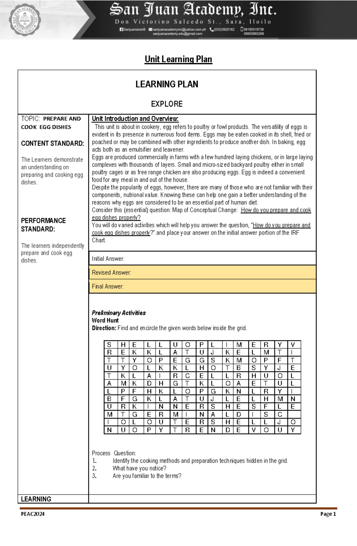Unit Learning Plan: Preparing and Cooking Egg Dishes (PEAC2024) - Studocu