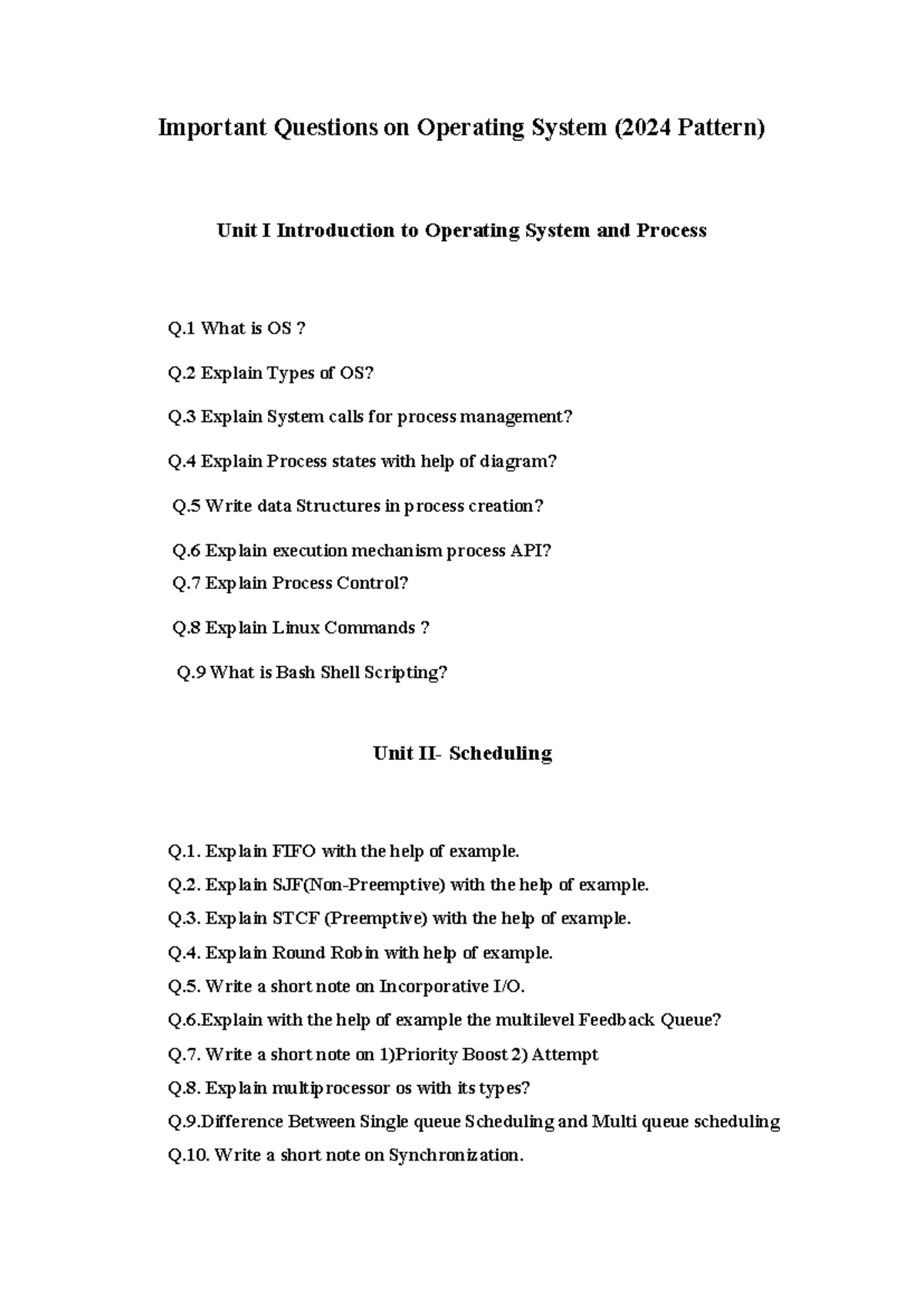 Important Questions on OS (CS101) - Unit I & Scheduling Concepts - Studocu