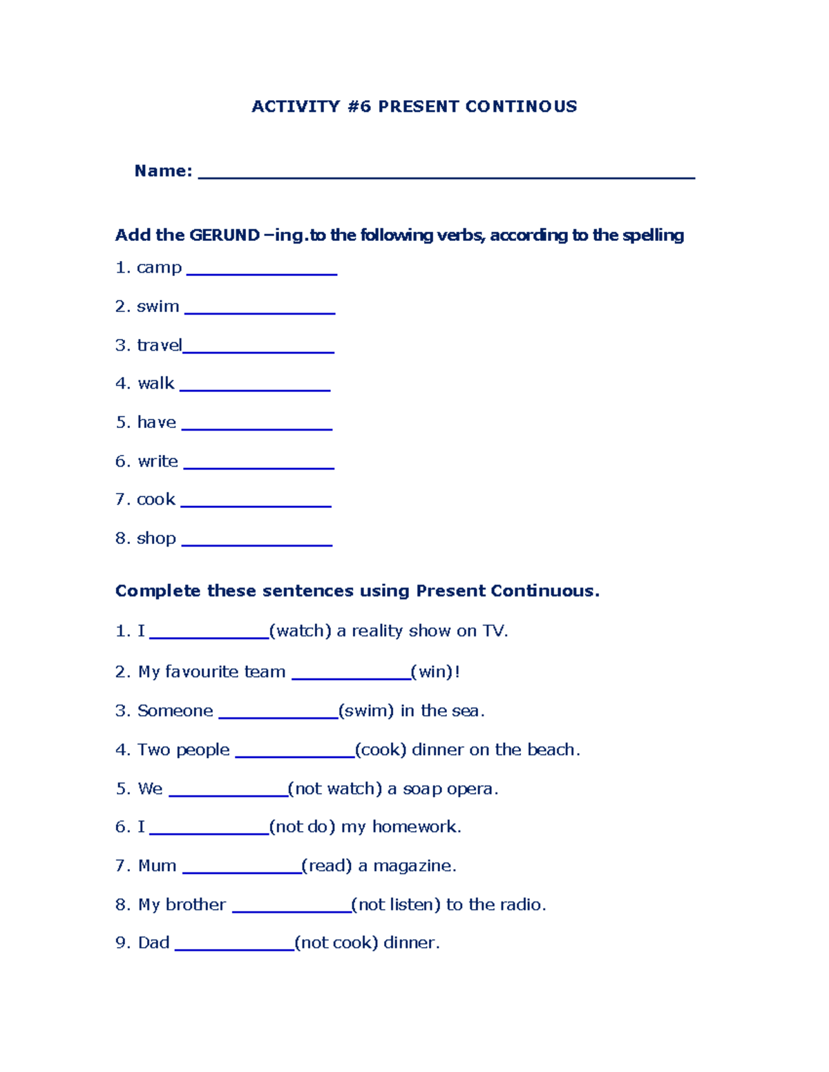 Activity 6 - Present Continuous Practice Exercises - Studocu