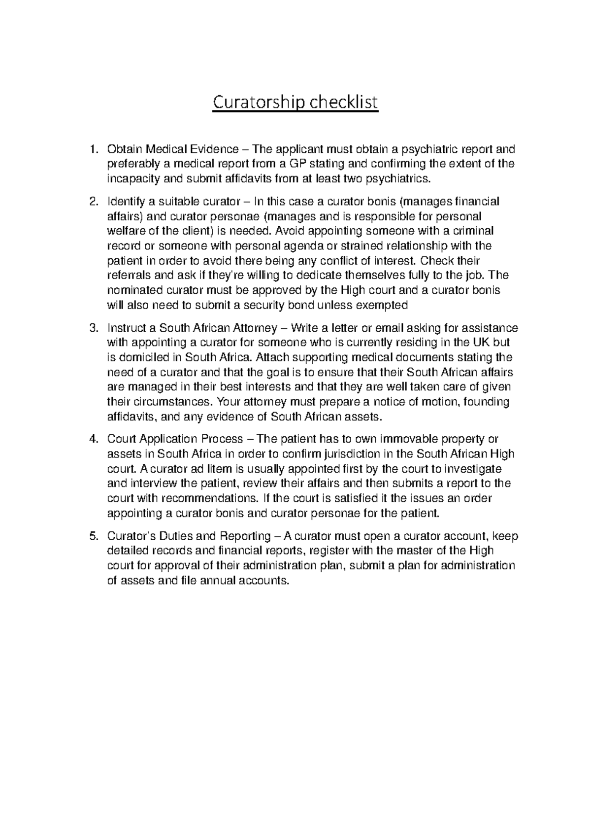 Curatorship Checklist: Steps for Appointing a Curator in SA - Studocu