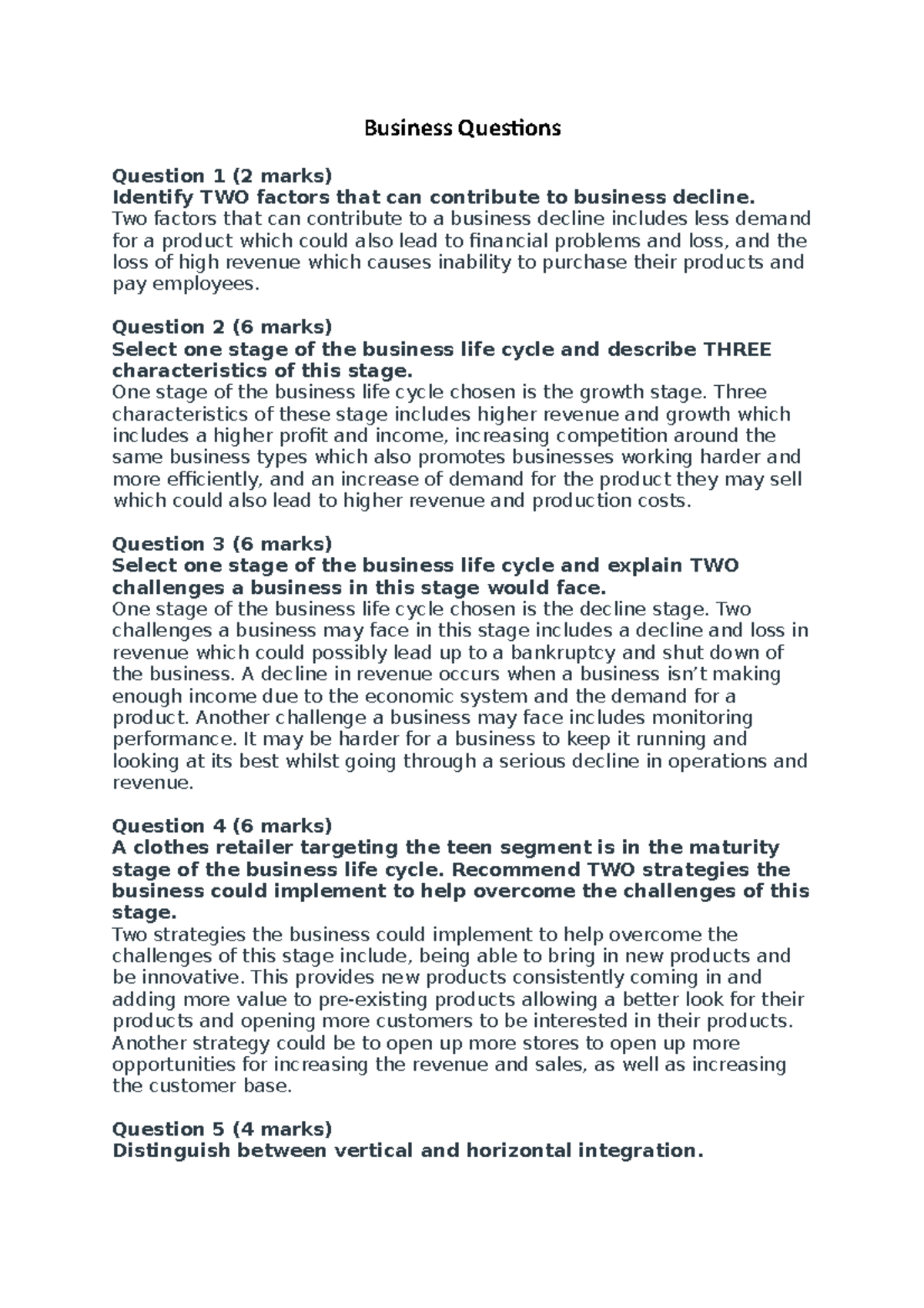 Business Questions - class work - Business Questions Question 1 (2 ...
