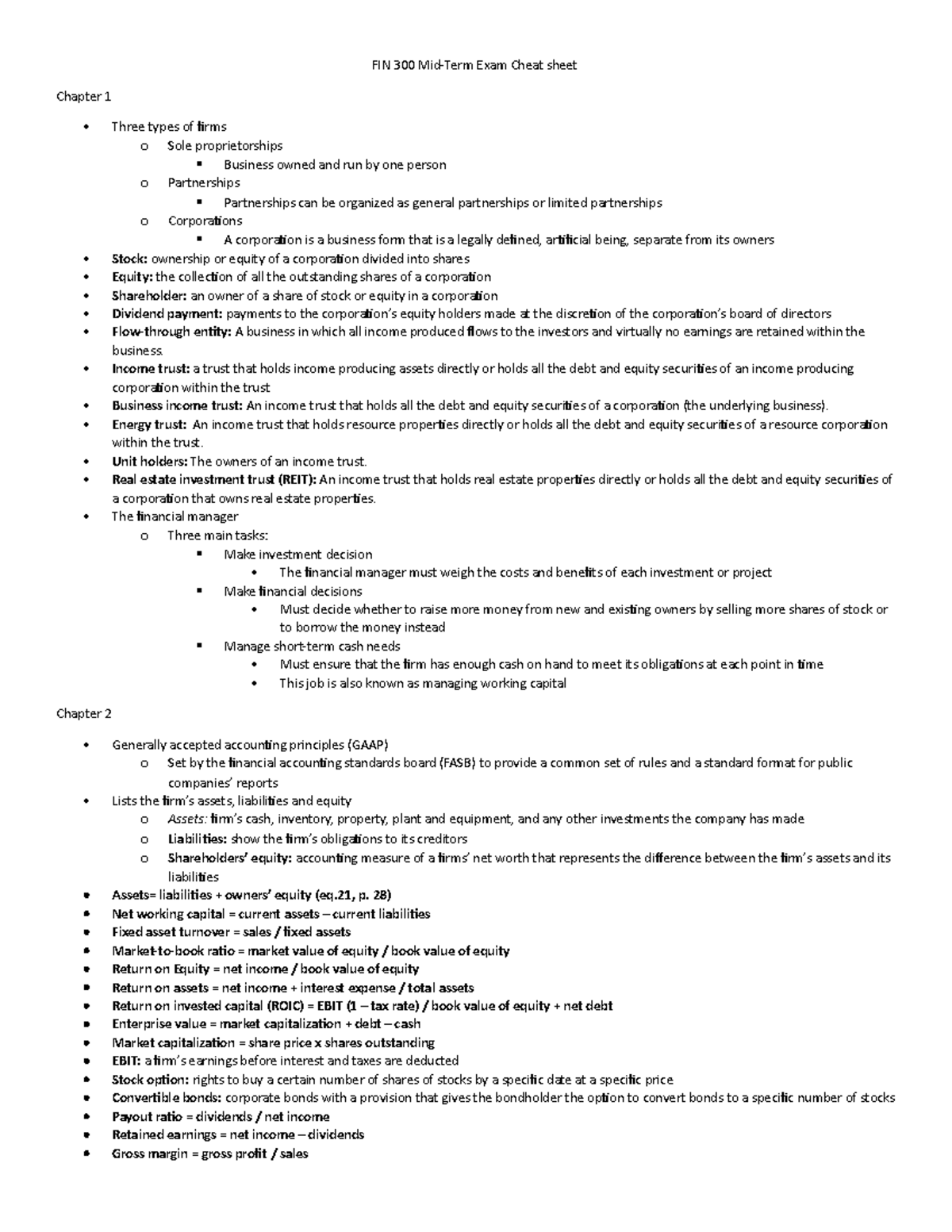 FIN 300 Midterm Cheat Sheet: Key Concepts from Chapters 1-5 - Studocu