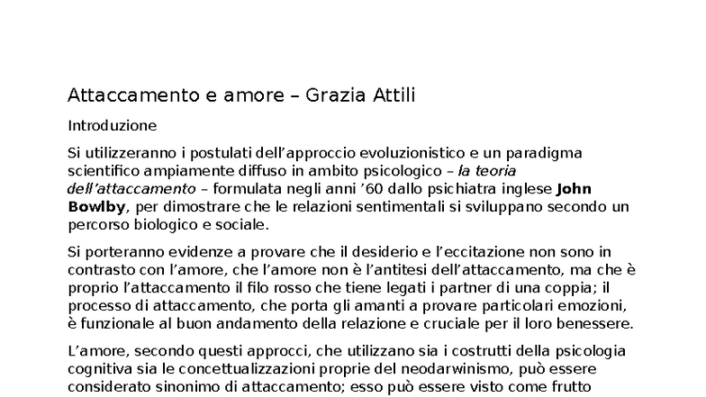 Riassunto dettagliato su Attaccamento e Amore (Psicologia - Corso 101) - Document Preview