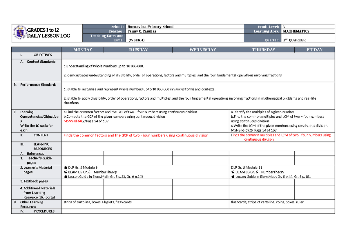 DLL Mathematics 5 Q1 W4: Daily Lesson Log on GCF & LCM - Studocu
