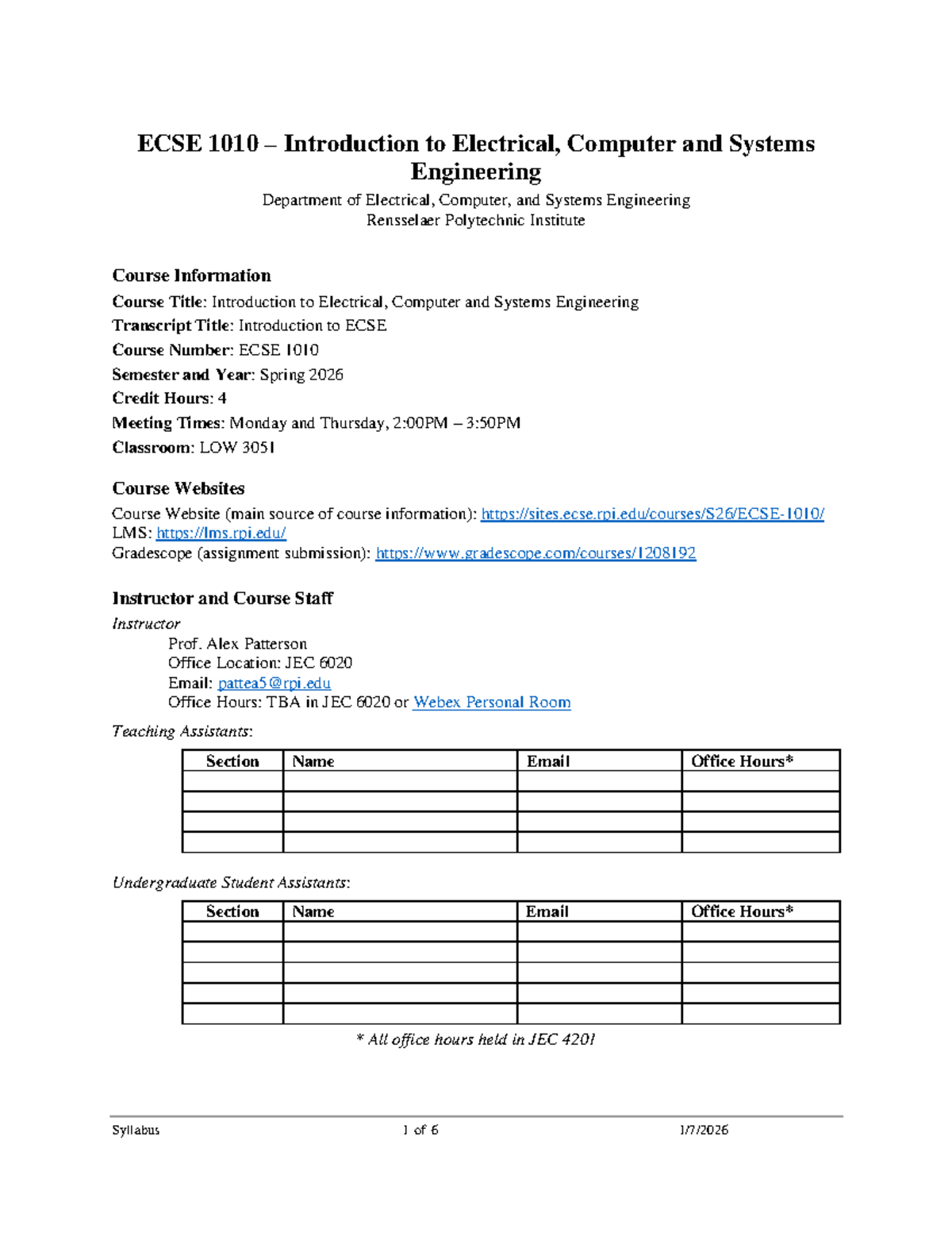 ECSE 1010 - Intro to Electrical, Computer & Systems Eng. Syllabus S26 ...