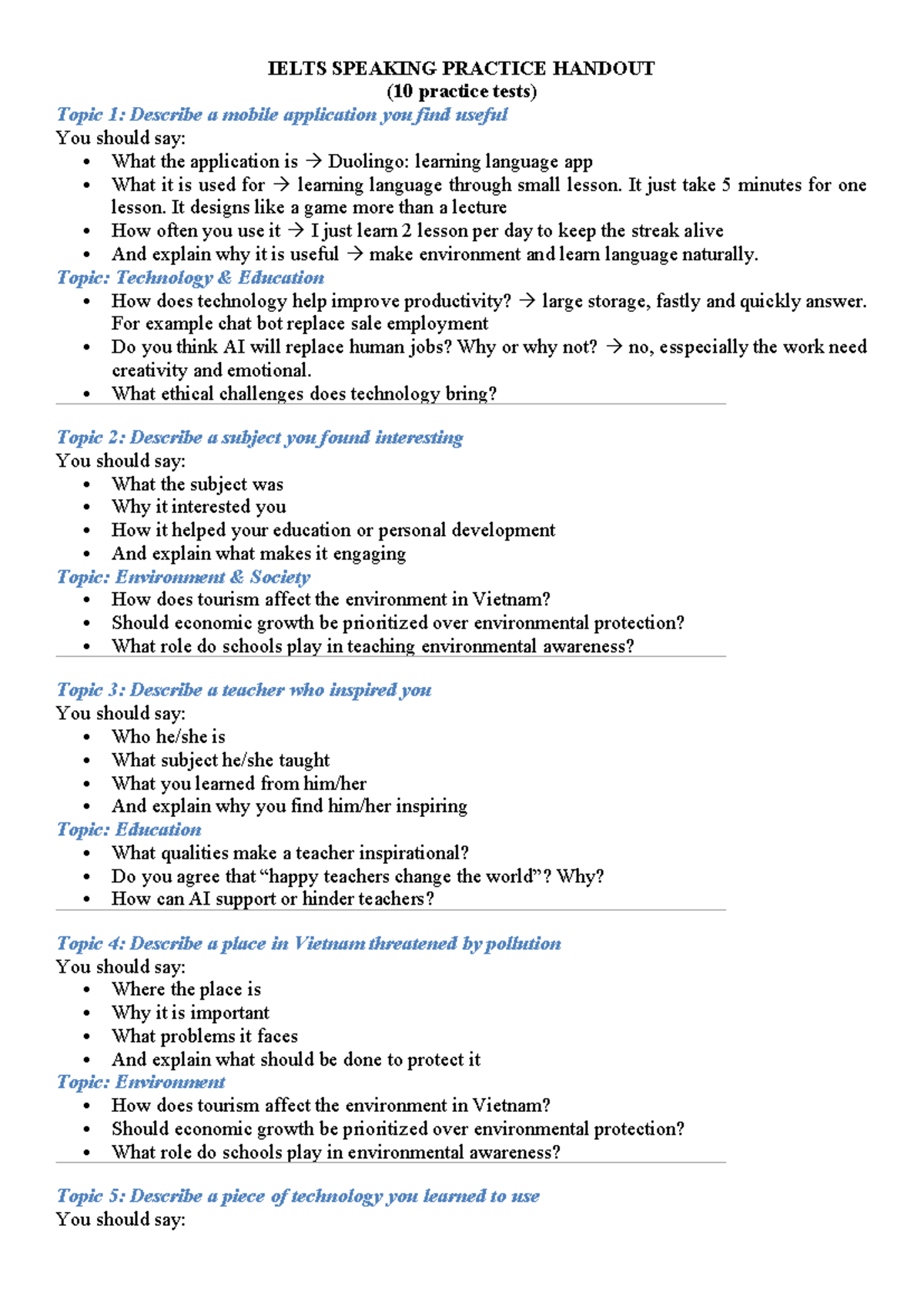 IELTS Speaking Practice Handouts: 10 Topics for Discussion - Studocu