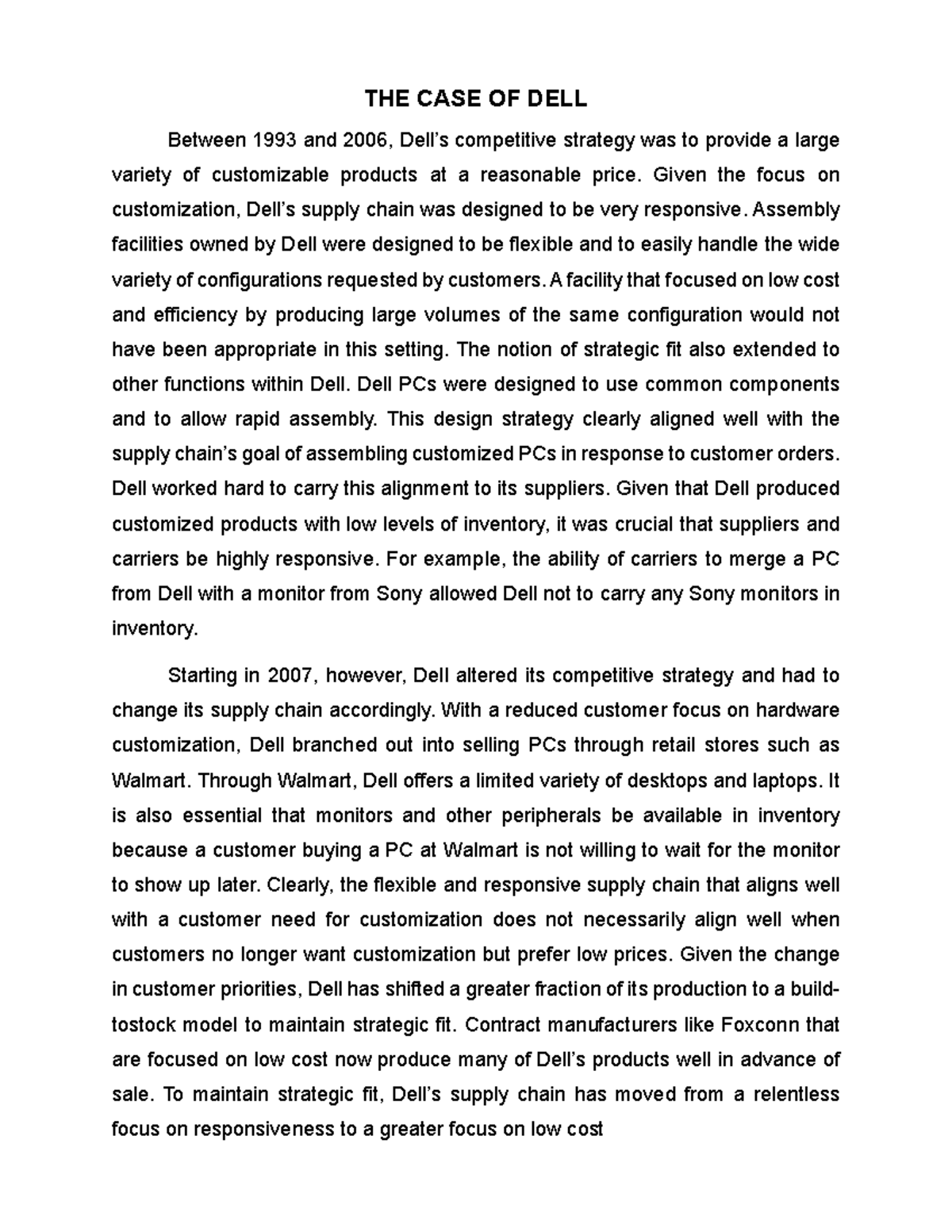 Dell Case Study: Evolution of Strategy & Supply Chain (1993-2007) - Studocu