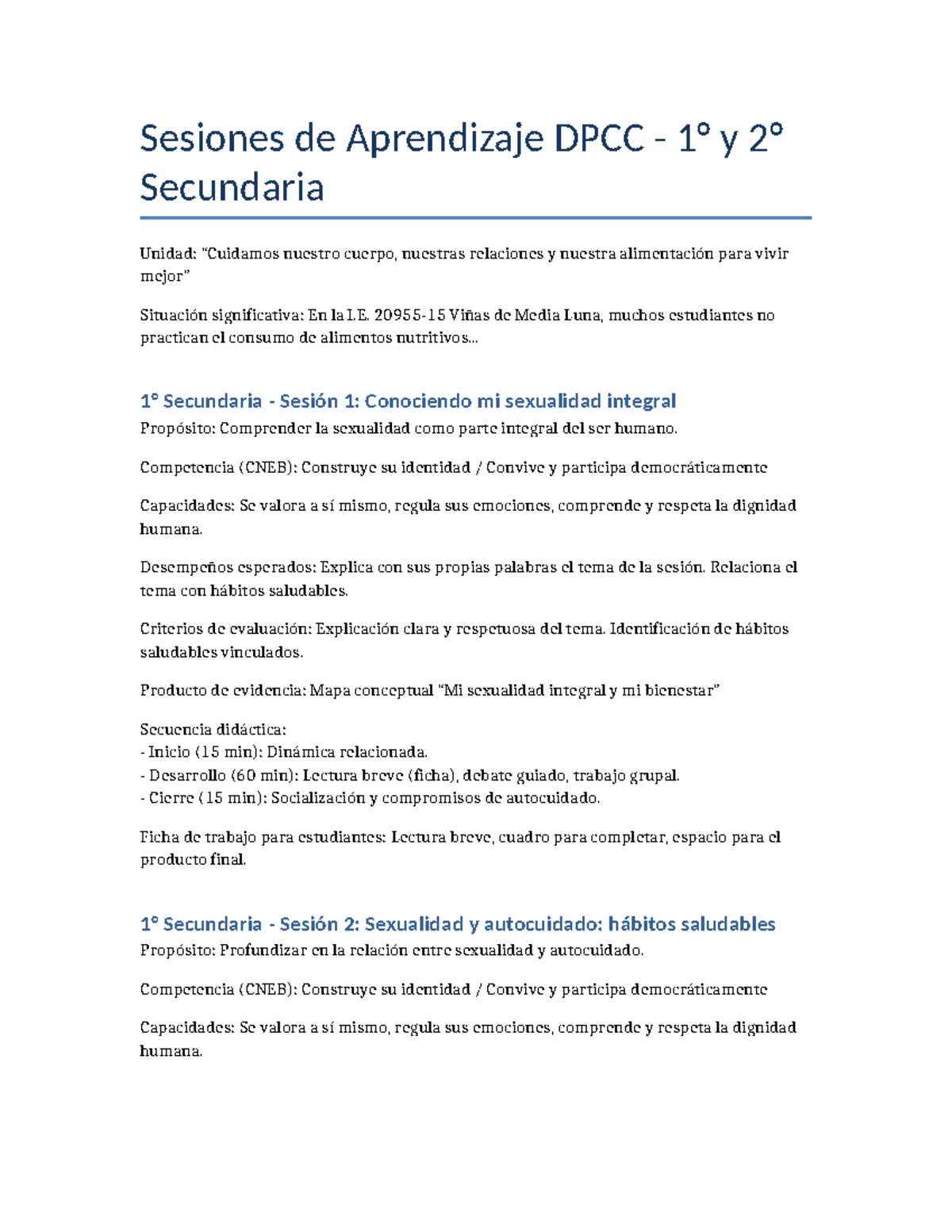 Sesiones de Aprendizaje DPCC 1 y 2: Sexualidad y Hábitos Saludables en ...