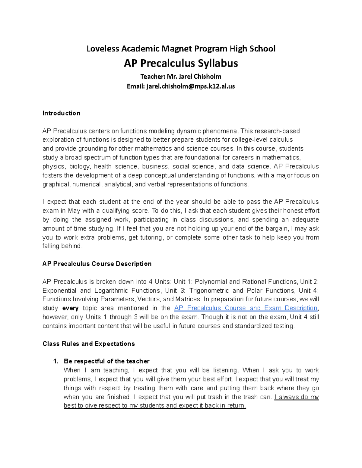 LAMP AP Precalculus Syllabus 2025-2026 by Mr. Chisholm - Studocu