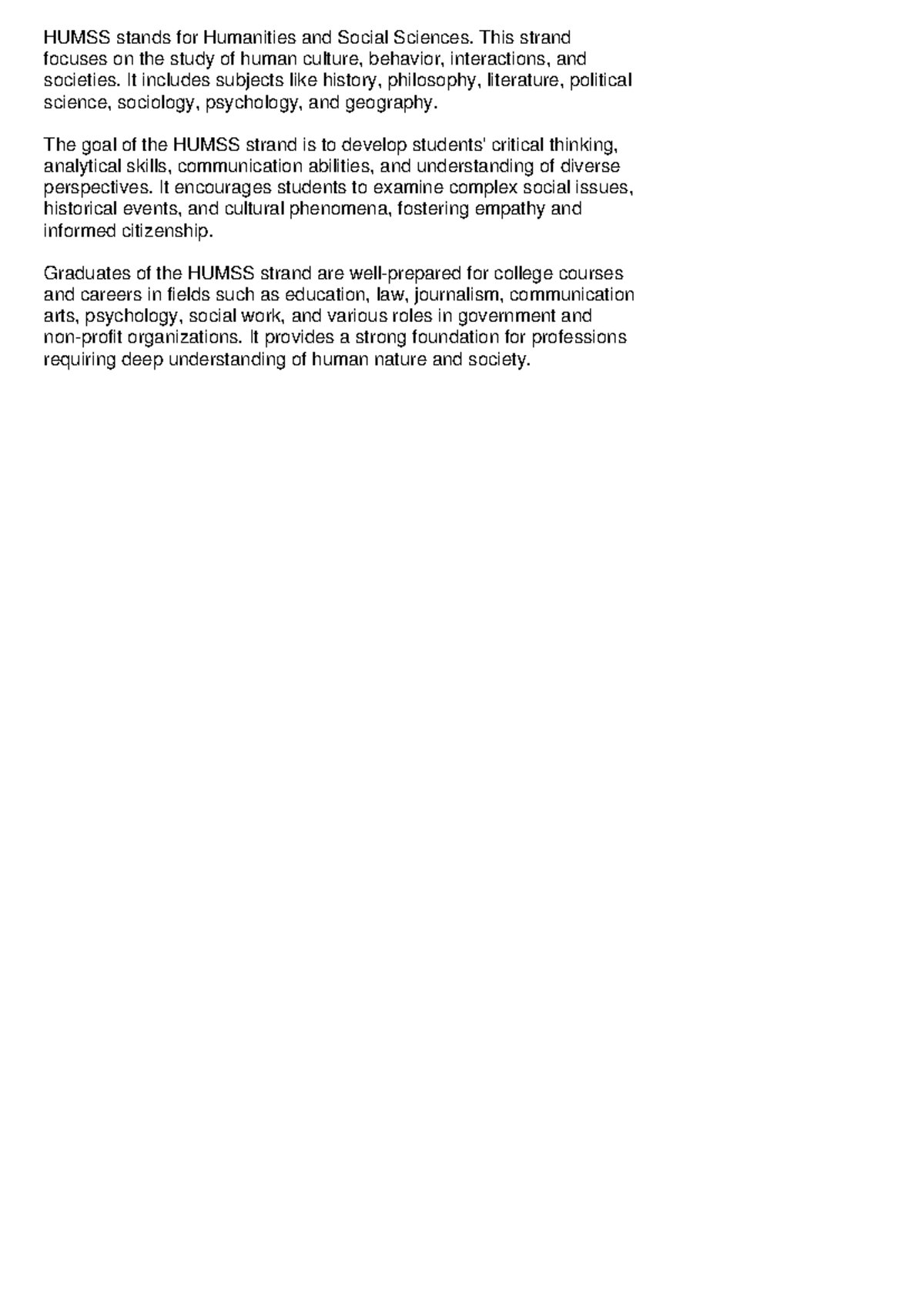 HUMSS Overview: Exploring Humanities & Social Sciences Strand - Studocu