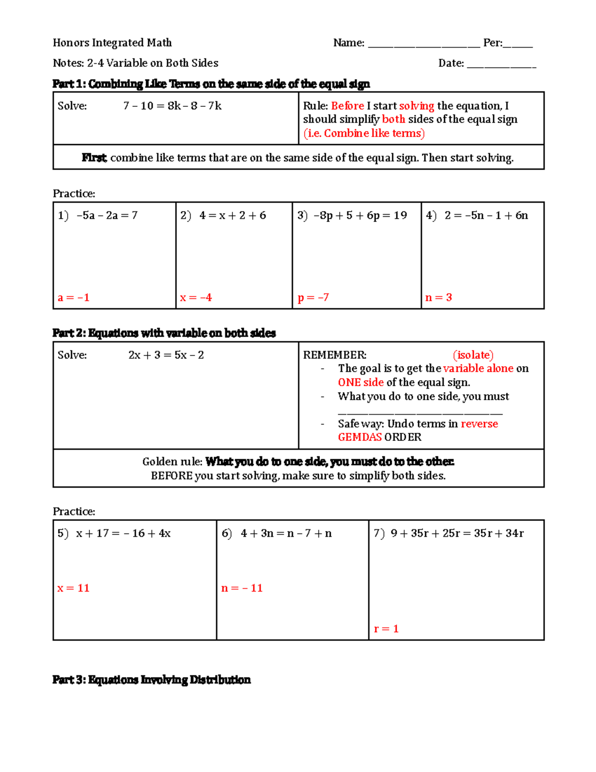 Honors Integrated Math Notes: Equations with Variables on Both Sides ...